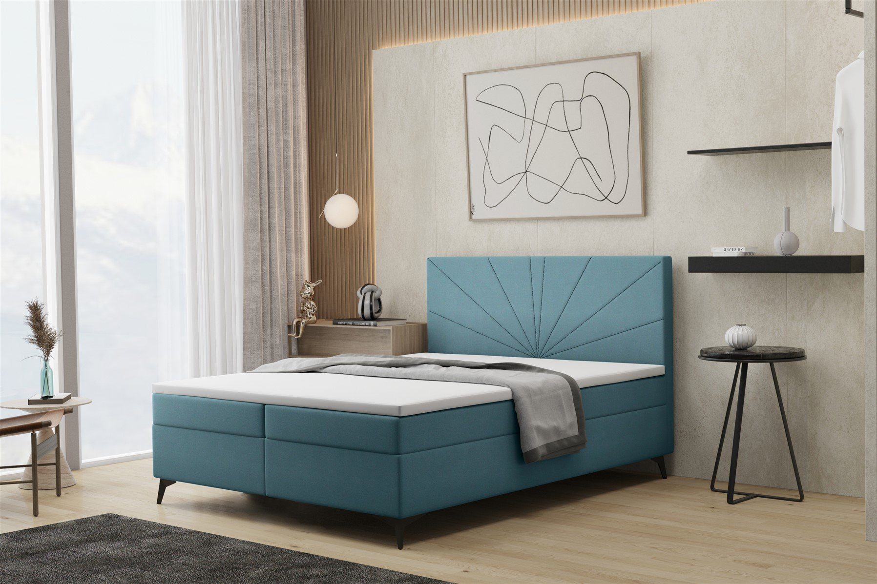 Fun Möbel Boxbett Schlafzimmerbett PONCE in Überlänge in Stoff (inkl. Bettkasten, inkl. Kaltschaumtopper), Überlänge 220cm