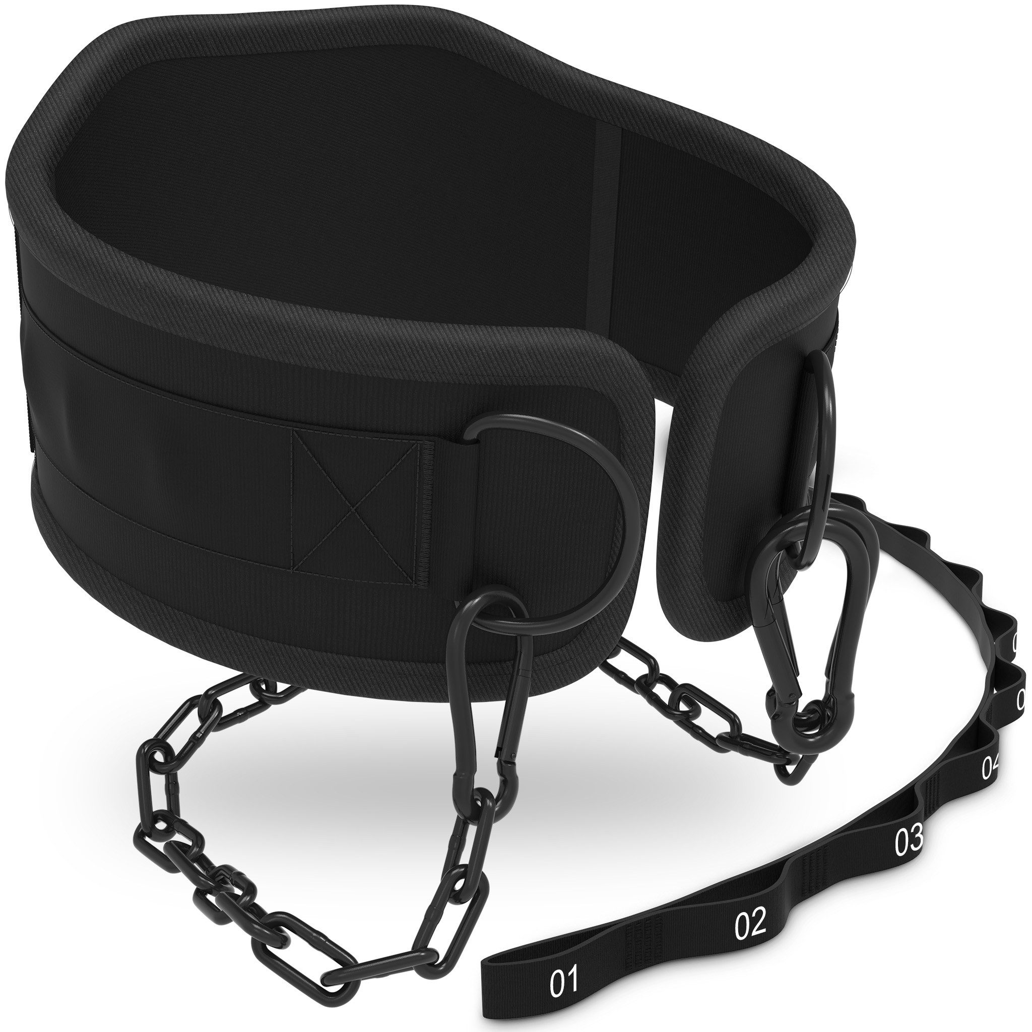 NEOLYMP Dip-Gürtel Dip Gürtel mit Kette, Gurt & 3 Karabinern für Krafttraining Karabiner-System, Kette und Schlaufengurt, ergonomische Rückenform