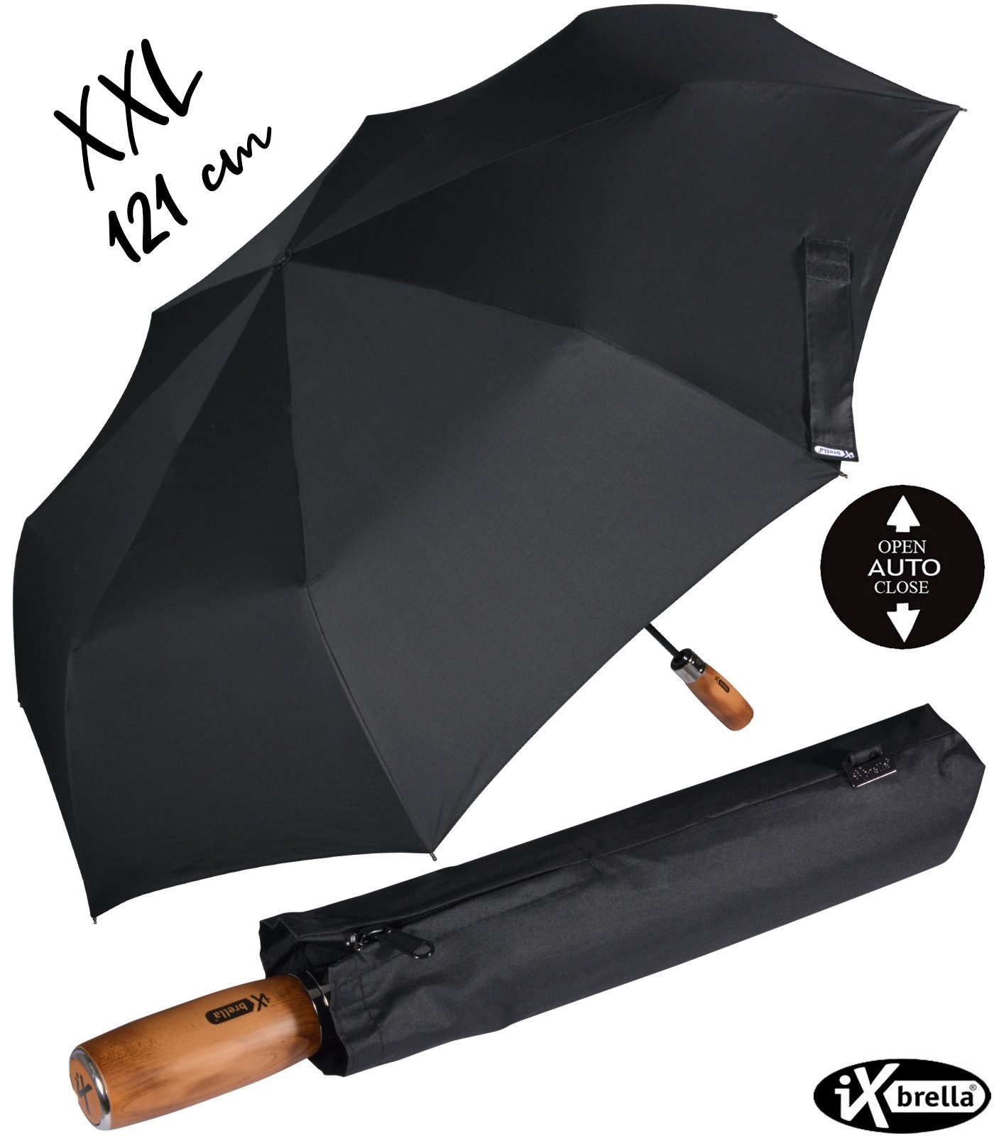 iX-brella Taschenregenschirm XXL 121 cm Durchmesser mit Auf-Zu-Automatik, mit echtem Holz-Stabgriff