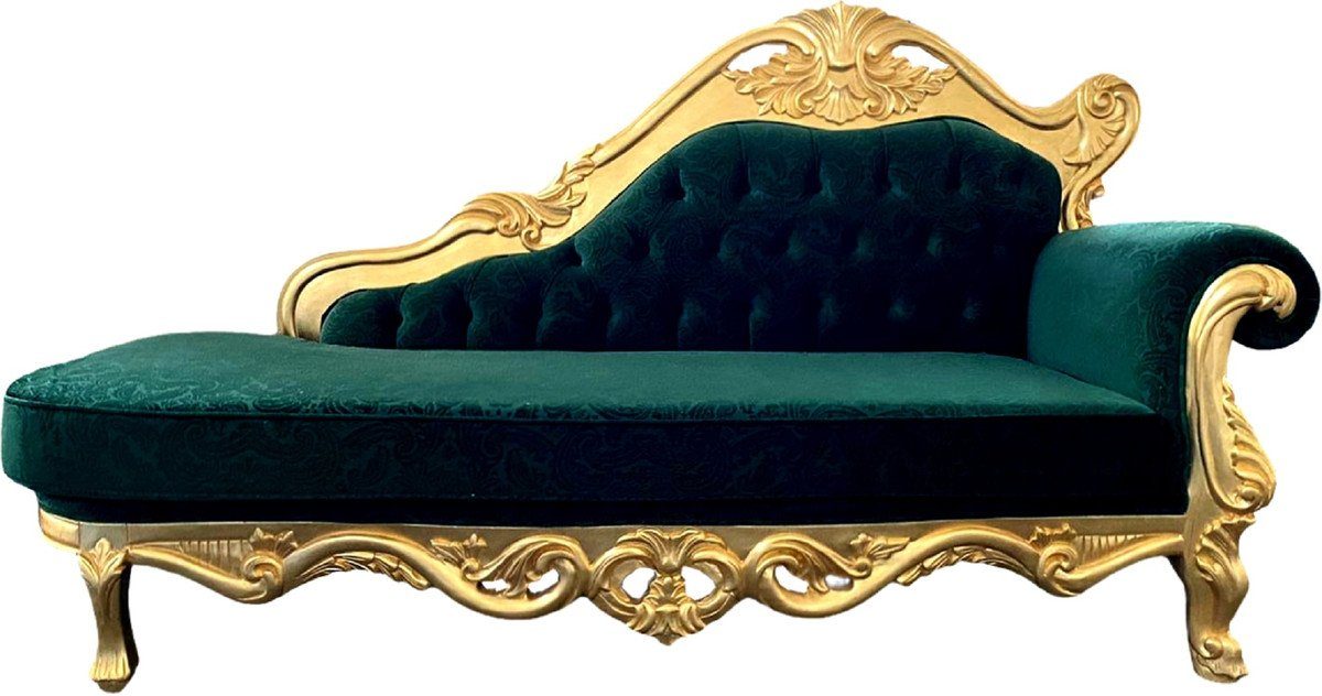 Casa Padrino Chaiselongue Luxus Barock Chaiselongue Grün / Gold - Handgefertigte Massivholz Recamiere mit edlem Samtstoff und elegantem Muster - Prunkvolle Barock Möbel