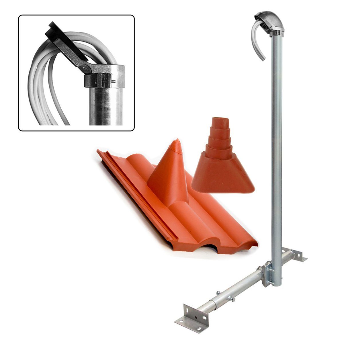 PremiumX Dachsparrenhalter 120cm Mast Dachabdeckung rot Mastkappe  SAT-Halterung