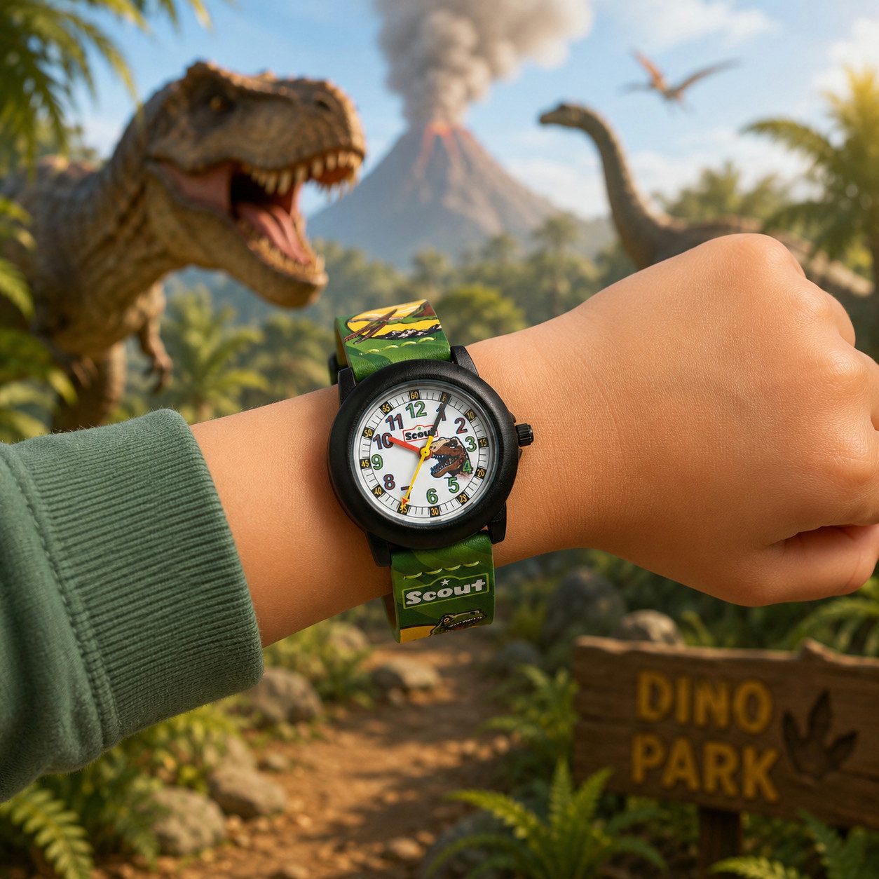 Scout Quarzuhr Kinderuhr 164000013 Dinosaurier Lernuhr Grün Kunstlederband 30 mm
