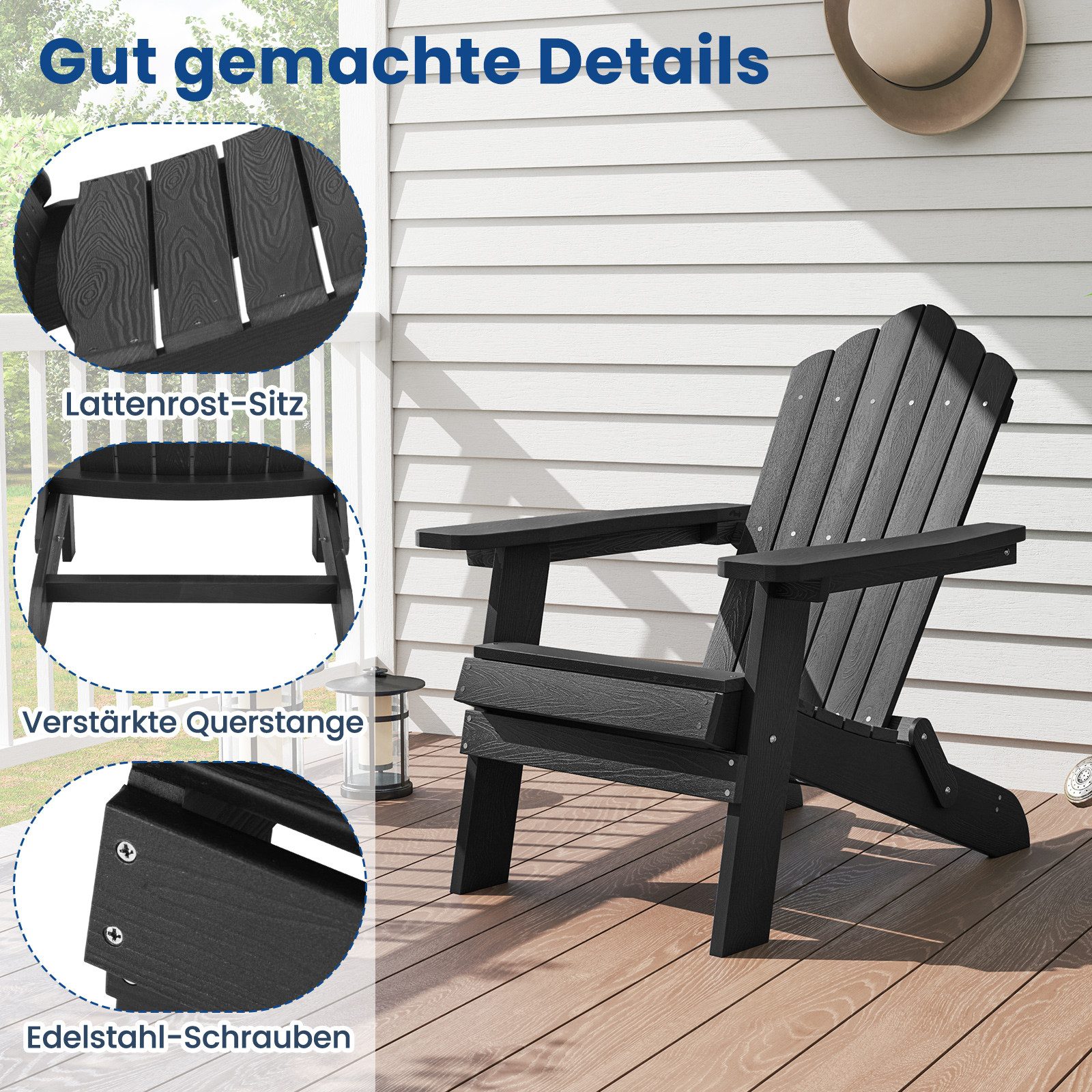 COSTWAY Gartenstuhl, Adirondack Stuhl klappbar, 180 kg Tragfähigkeit