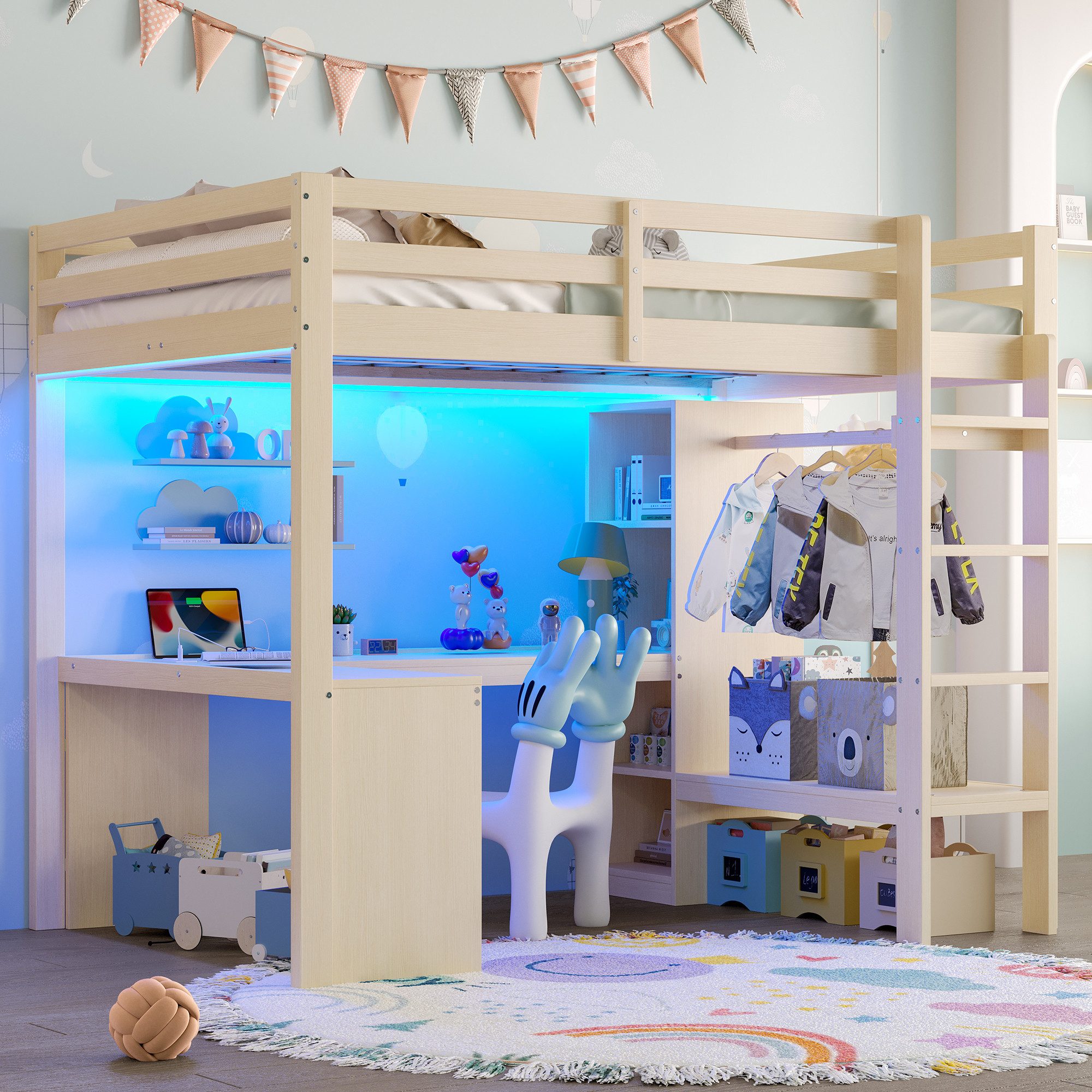 Ulife Hochbett mit Unterbettschreibtisch, Multifunktionsregalen, LED-Licht & USB (Ohne Matratze) Jugendbett, Holzbett, Bettgestell Liegefläche 140 x 200 cm