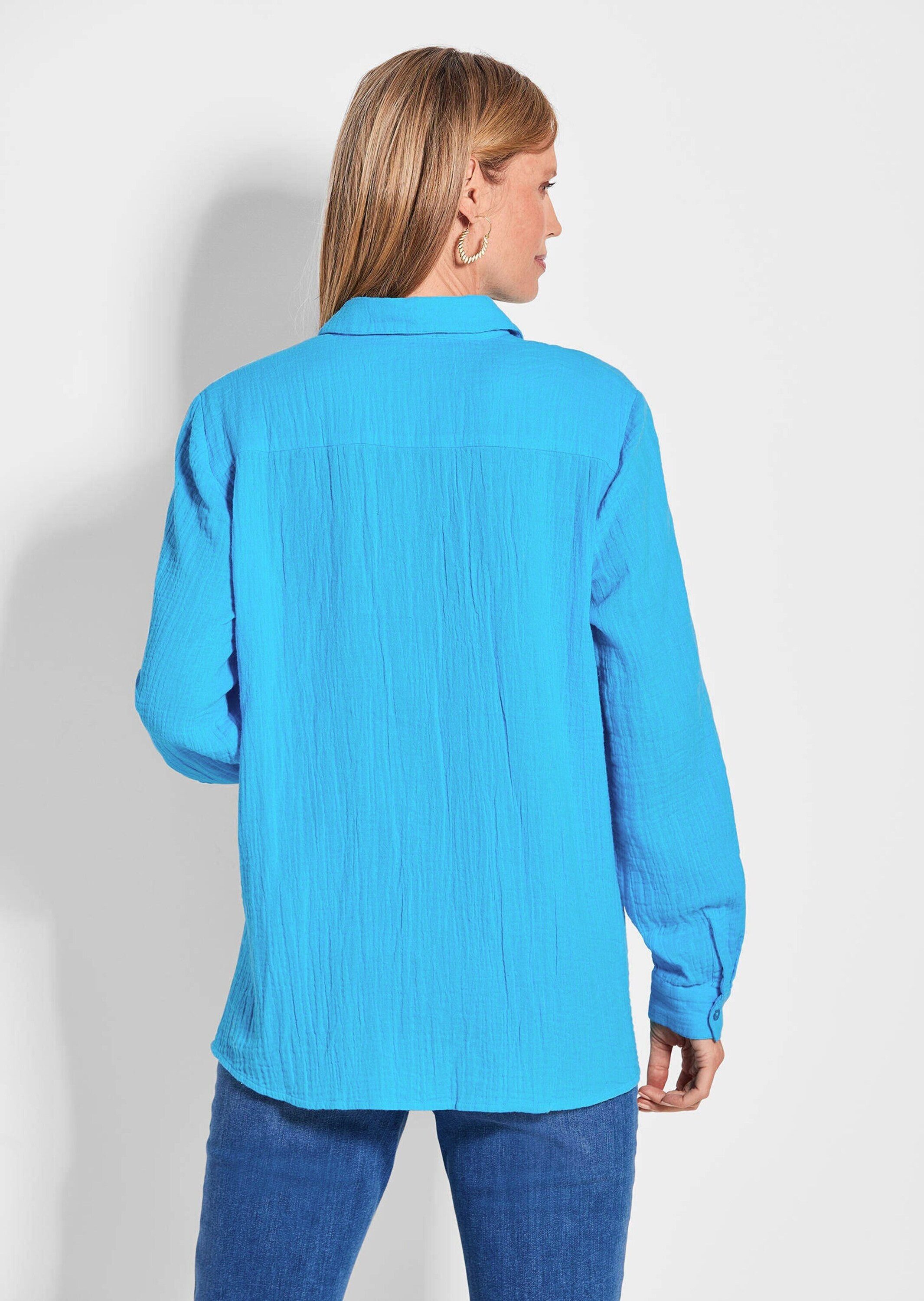 GOLDNER Hemdbluse Verlängerte Langarm Musselin-Bluse Luftiges Musselin-Hemd für Damen mit Seitenschlitzen