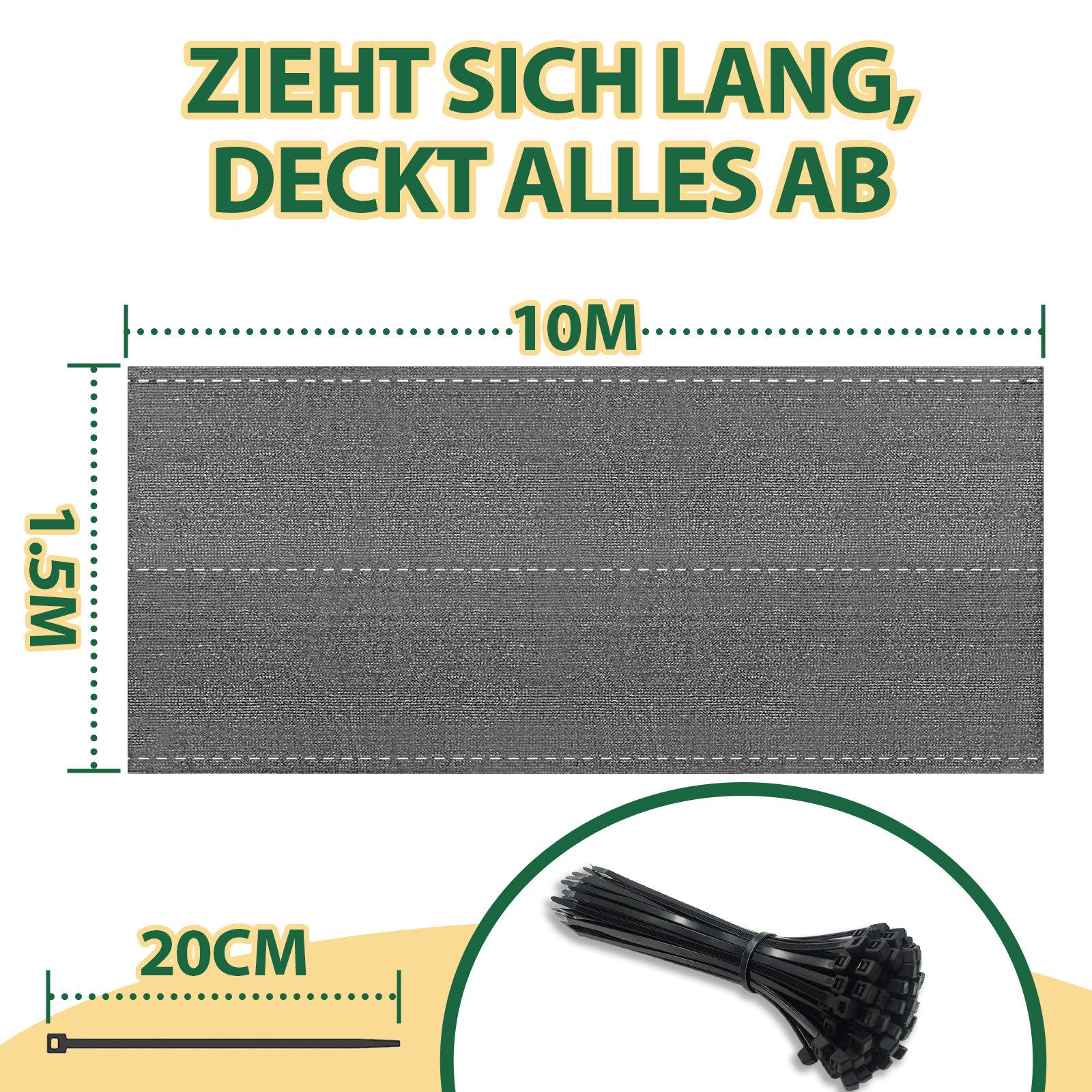 Ferghana Balkonsichtschutz Schatten Sichtschutz Seelenfrieden, Sichtschutz Balkon aus HDPE (Länge: 10 Meter, Höhe optional)für Gitter Geländer Zaun) Blickdicht UV-Schutz, Schattiernetz mit Kabelbinder