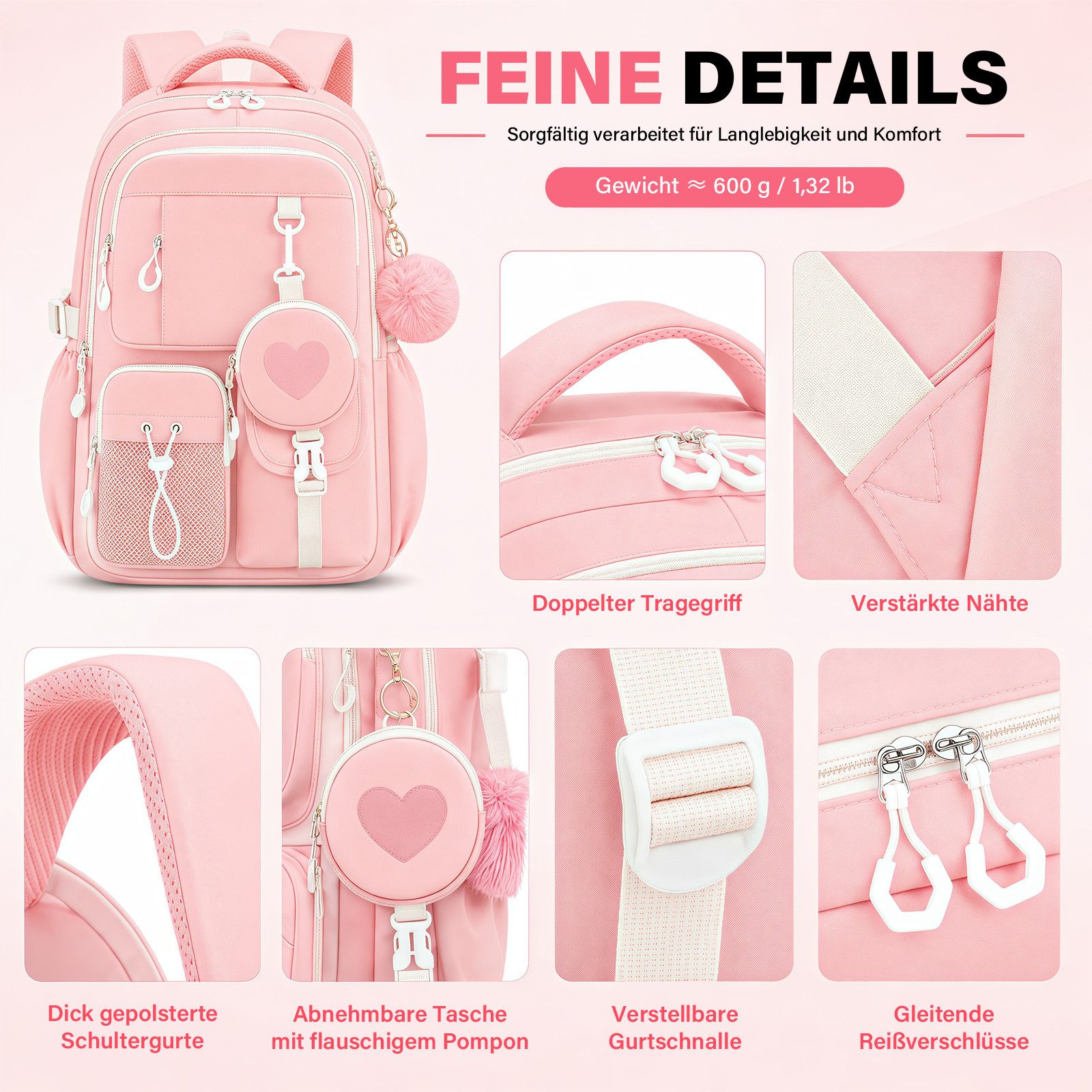 MOPUEA Schulrucksack Schulrucksack Set 3-tlg Wasserabweisend Ergonomisch mit Viele Fächer (3-teiliges Schulrucksack Set für Schule und Freizeit, 3-teiliges Schu – Bild 4 von 5
