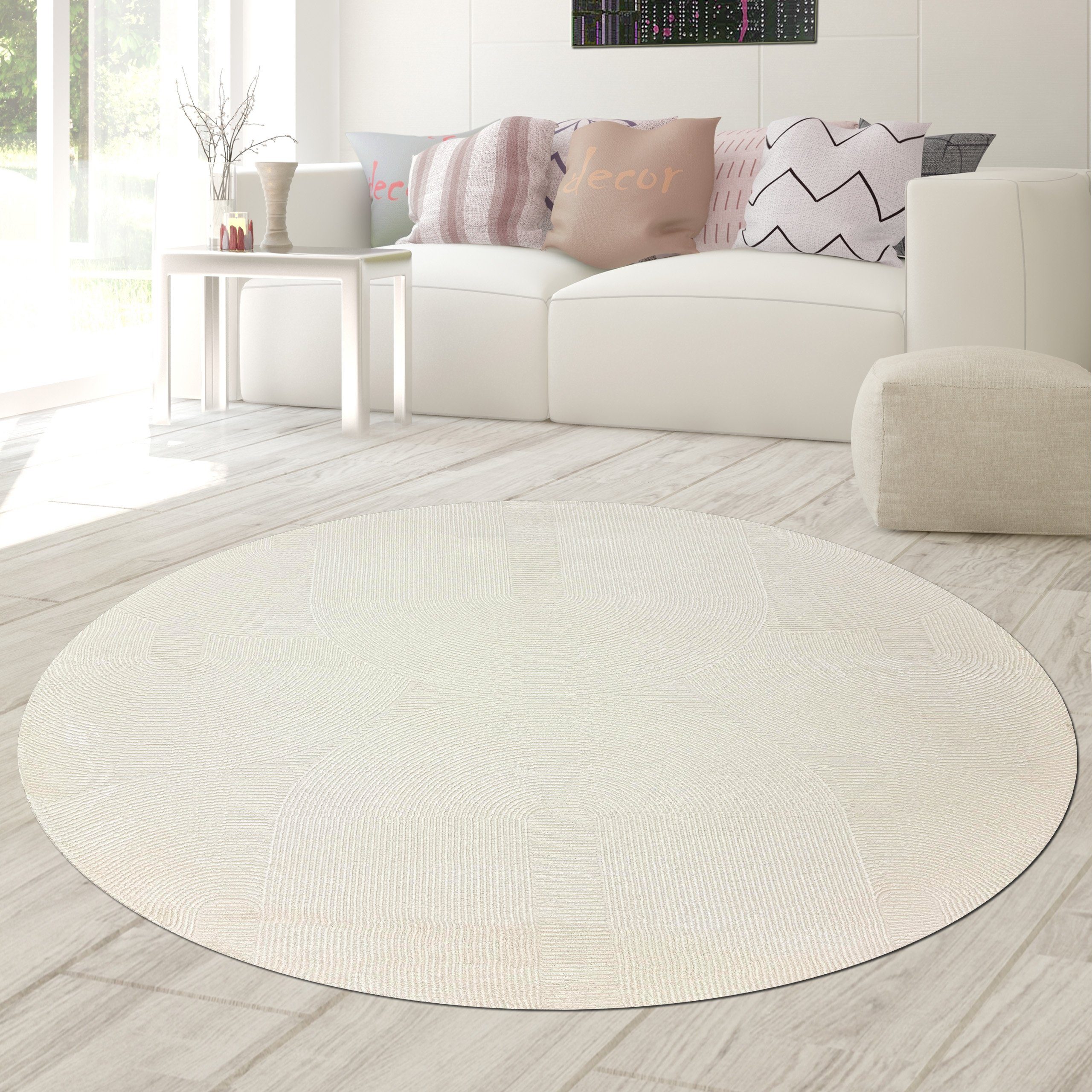 Teppich Recycle Teppich mit modernen ovalen Formen liniert in creme, Teppich-Traum, rund, Höhe: 12 mm