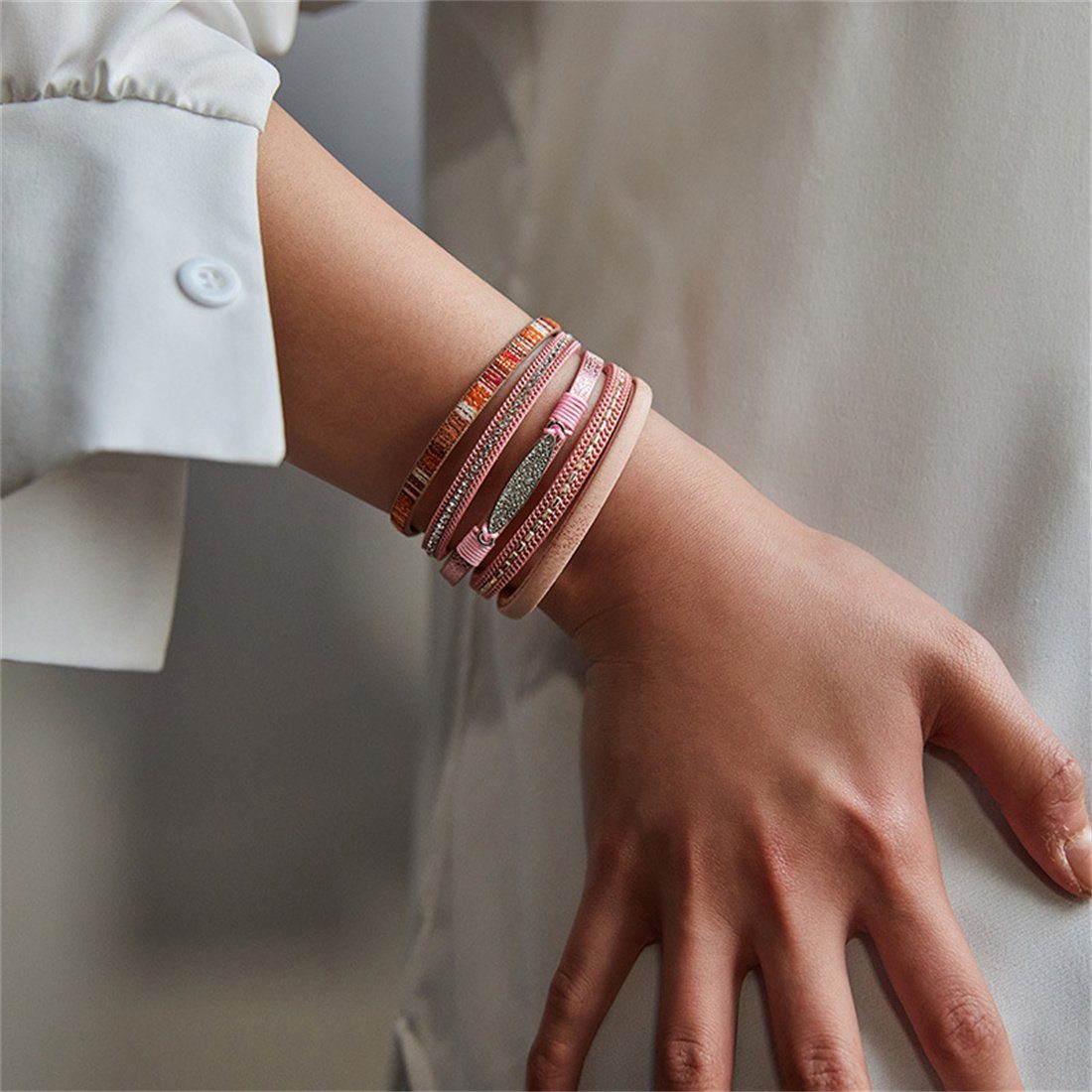 DÖRÖY Lederarmband Bohème-Armband mit mehreren Schichten, Leder- und Diamantarmband Rosa