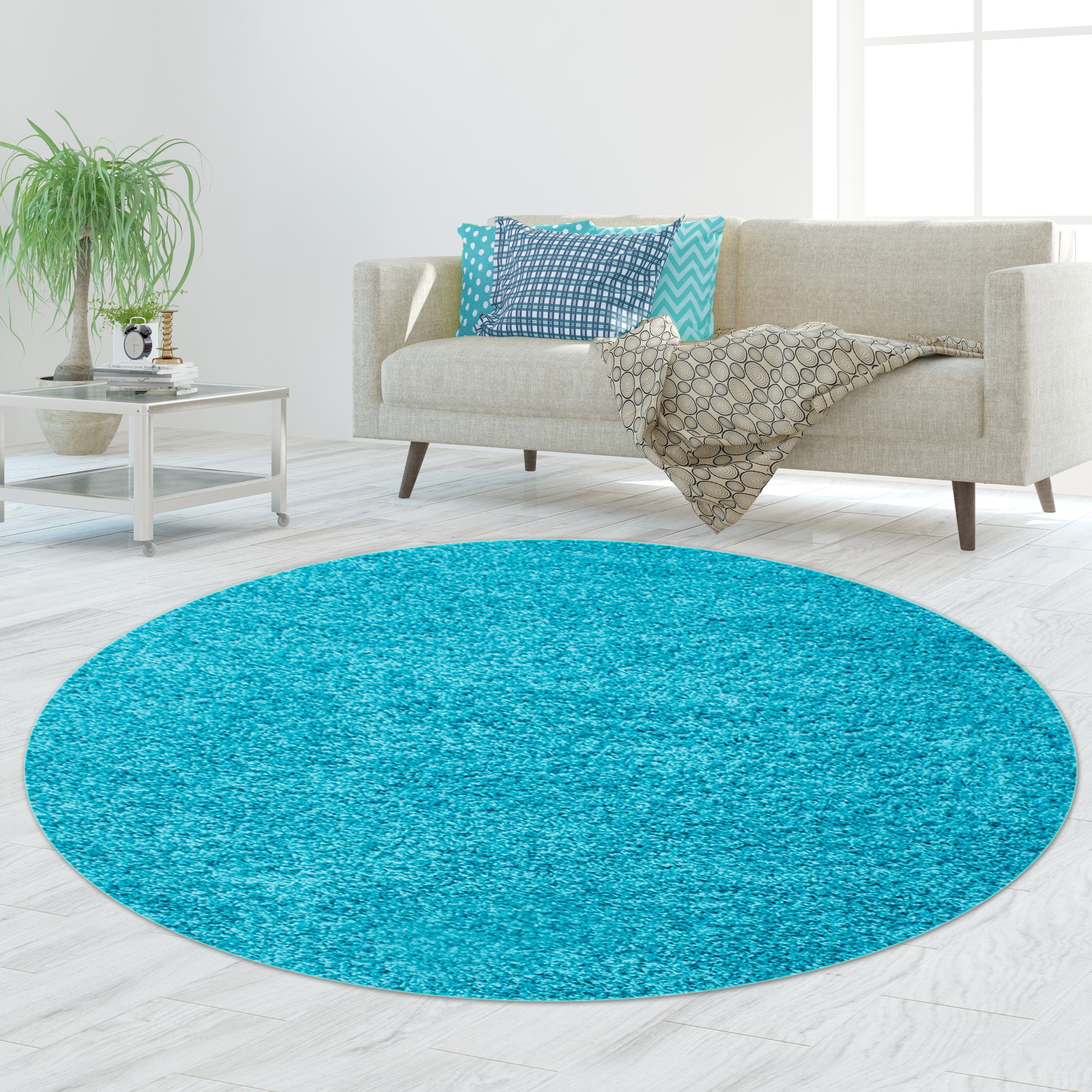 TeppichHome24 Teppich Shaggy Teppich in Uni Design Türkis, rund, Höhe: 13 m günstig online kaufen