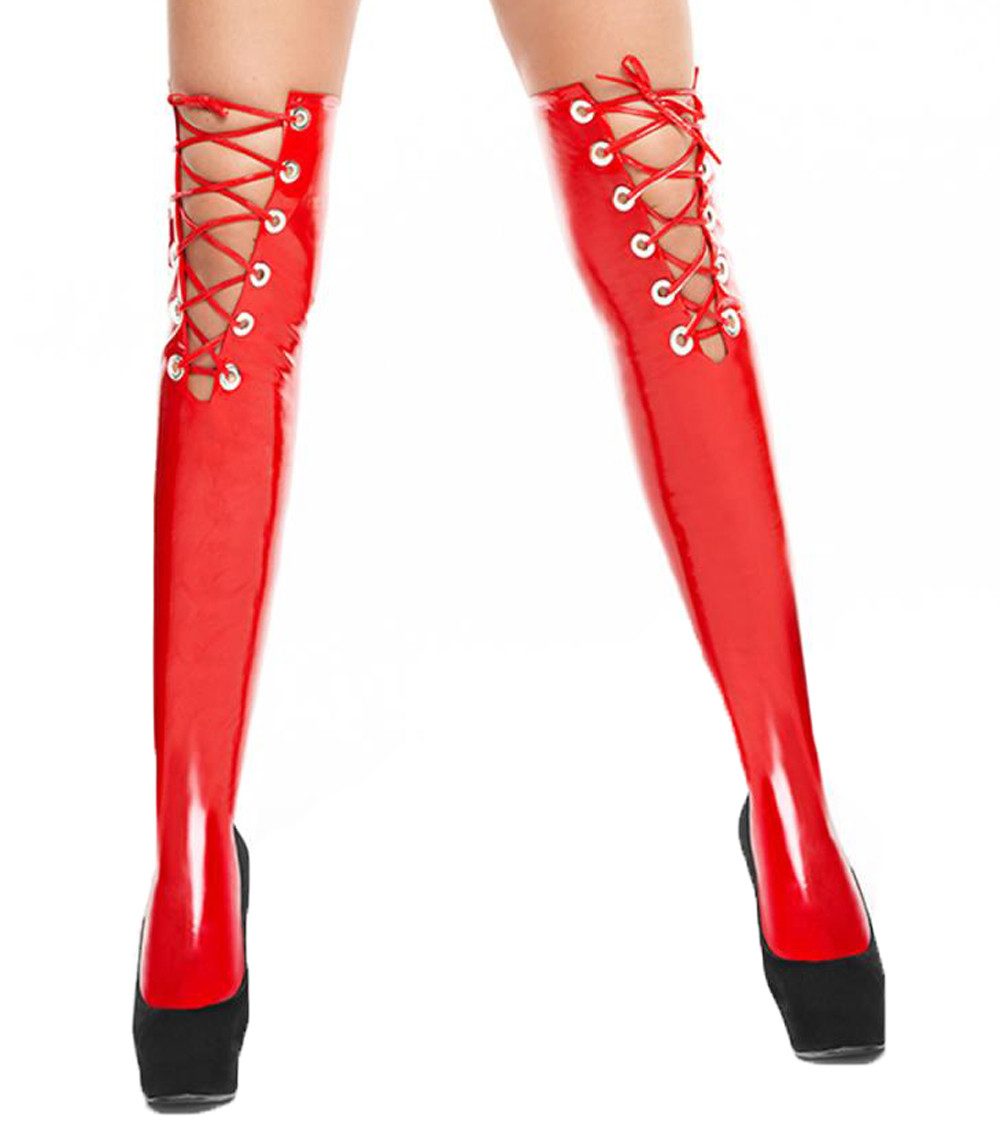 7Heaven Halterlose Strümpfe Rote Damen Dessous Lack Strümpfe elastisch mit Schnürung Stockings glä
