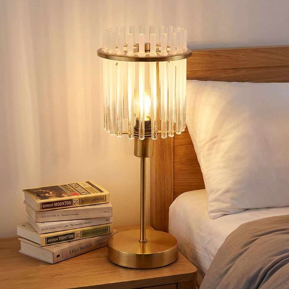 GLOBO LIGHTING Tischleuchte, Leuchtmittel nicht inklusive, Tischleuchte Nachttischlampe Metall Gold Glasstäbe E14 H 37,5 cm