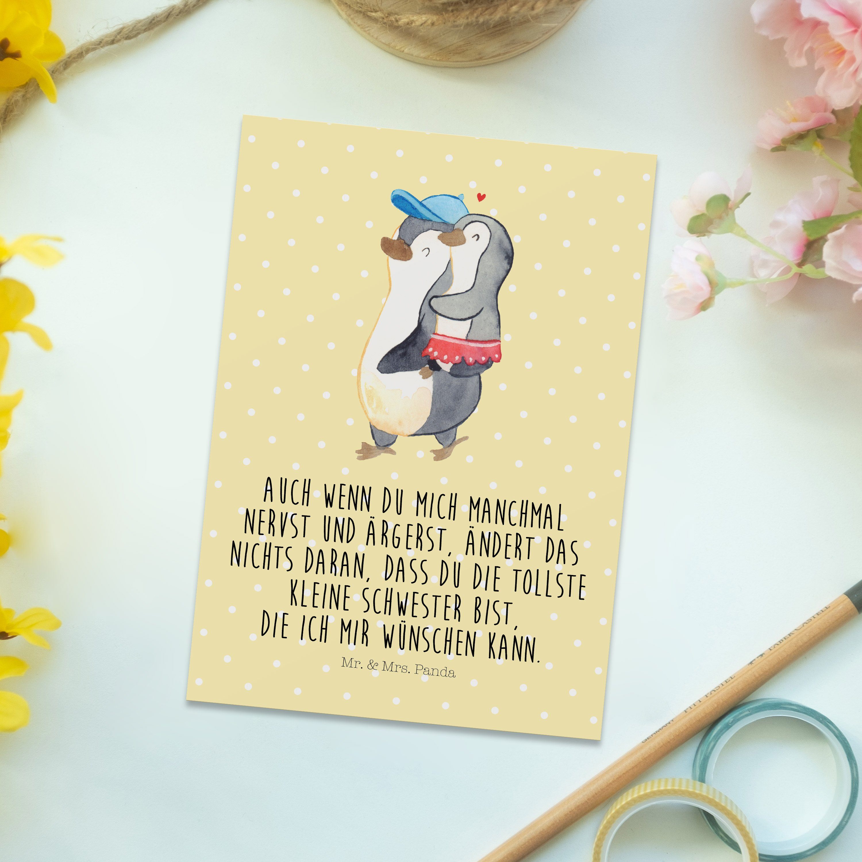 Mr. & Mrs. Panda Postkarte - Geschenk, Vatert Gelb Einladung, - Pinguin Pastell Kleine Schwester