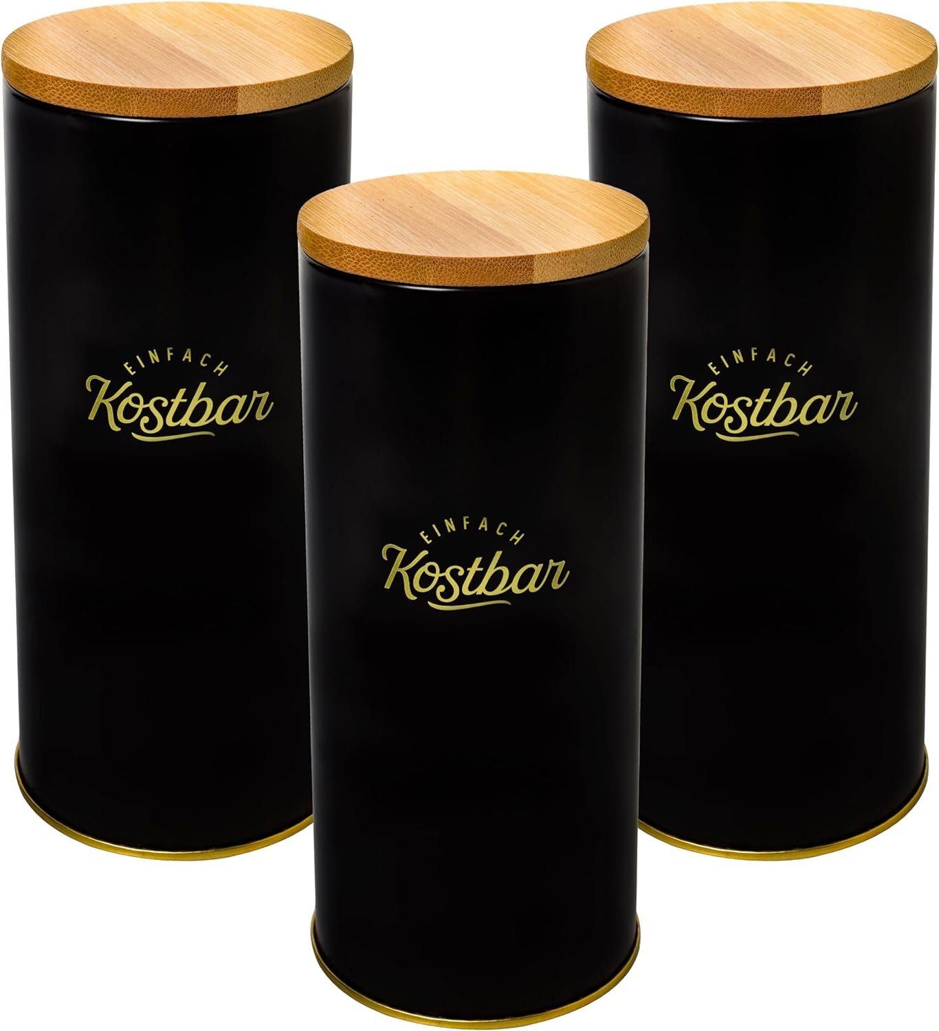 Centi Vorratsdose 3er Set Банки для хранения Schwarz aus Metall, Metall, (9L x 9B x 24H cm), Schwarze Dose mit Deckel aus Bambus mit Silikondichtung