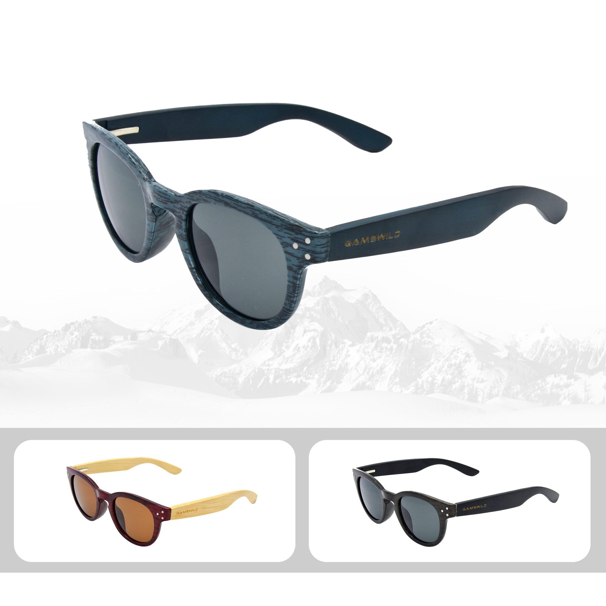 Gamswild Sonnenbrille UV400 GAMSSTYLE Modebrille Bambusholzbügel/ Fassung Holzoptik Damen Modell WM1428 in rot-braun, blau, dunkelbraun