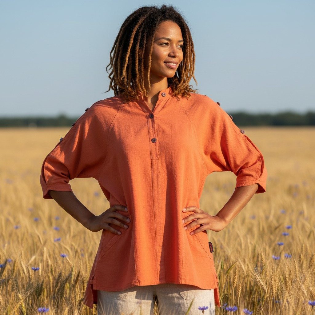 Guru-Shop Longbluse Bequeme Baumwoll-Tunikabluse mit Kokosknöpfen,..