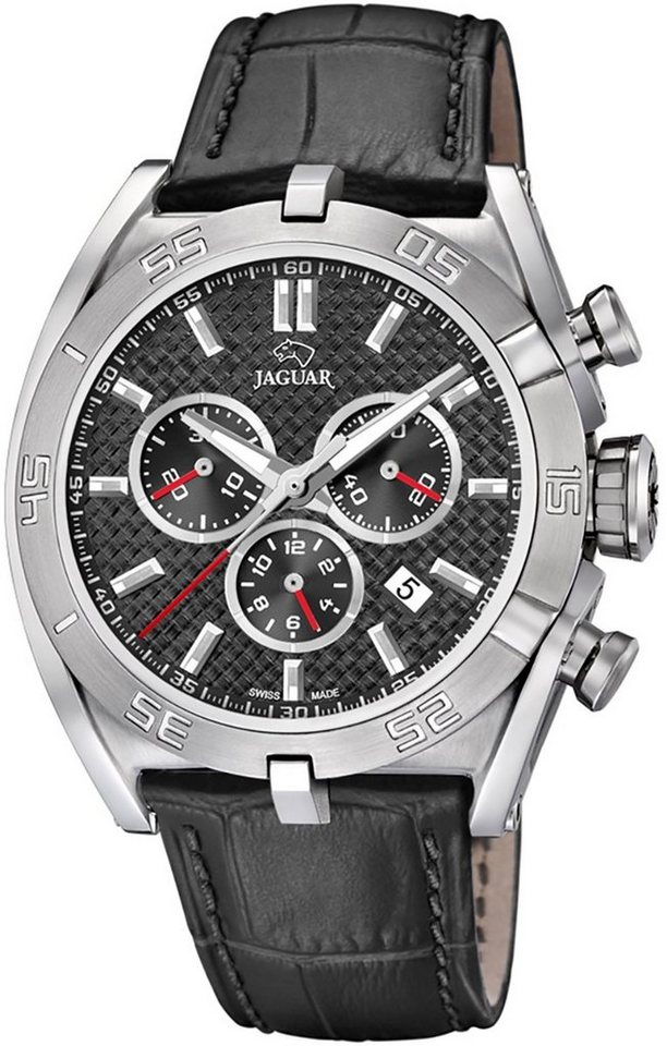 JAGUAR Chronograph Jaguar Herren Uhr Sport J857/3 Leder, Herren Armbanduhr  rund, extra groß (ca. 46mm), Lederarmband schwarz, Chronograph