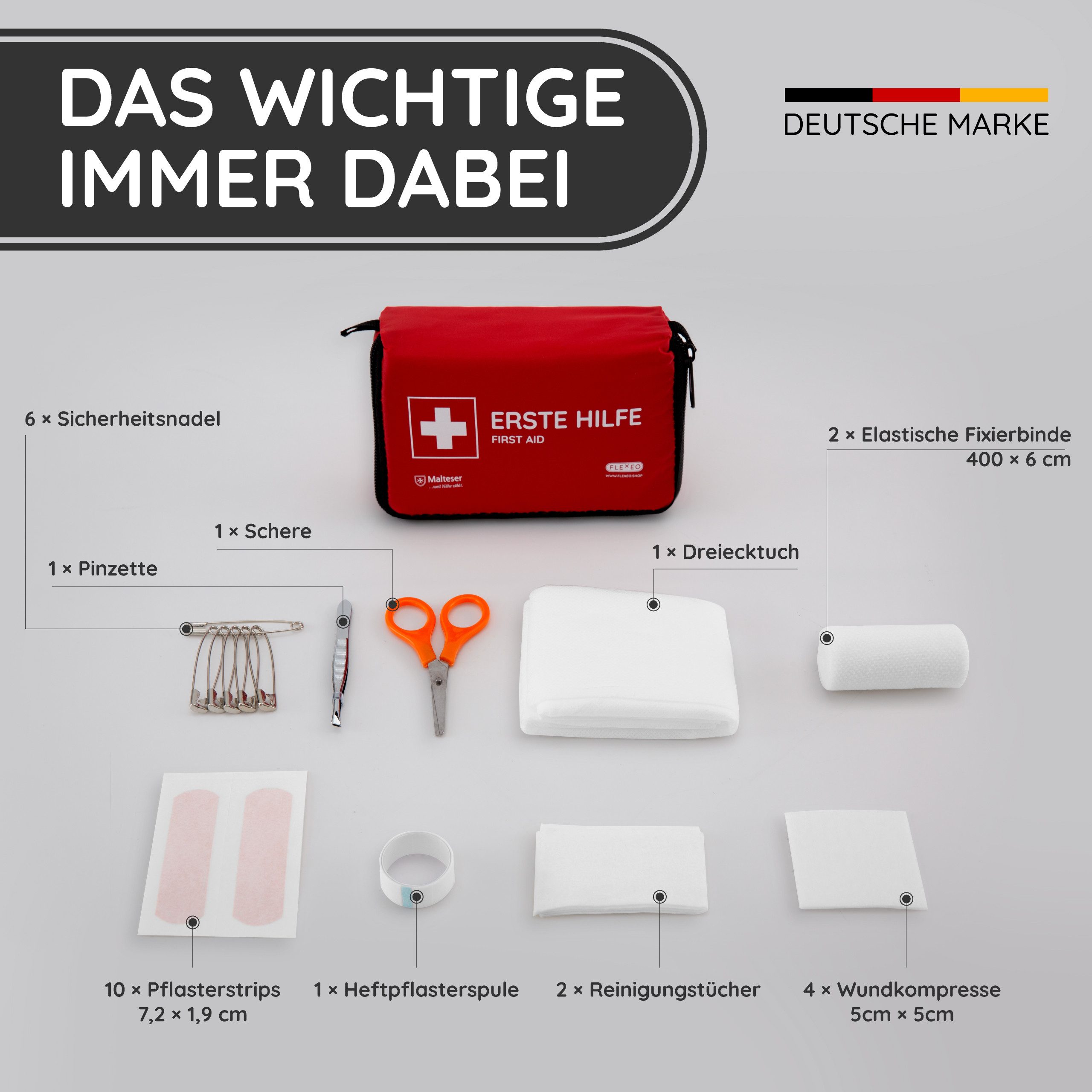 FLEXEO Erste-Hilfe-Set Mini, (1 St), kleines Notfallset für jede Tasche, 29-teilig