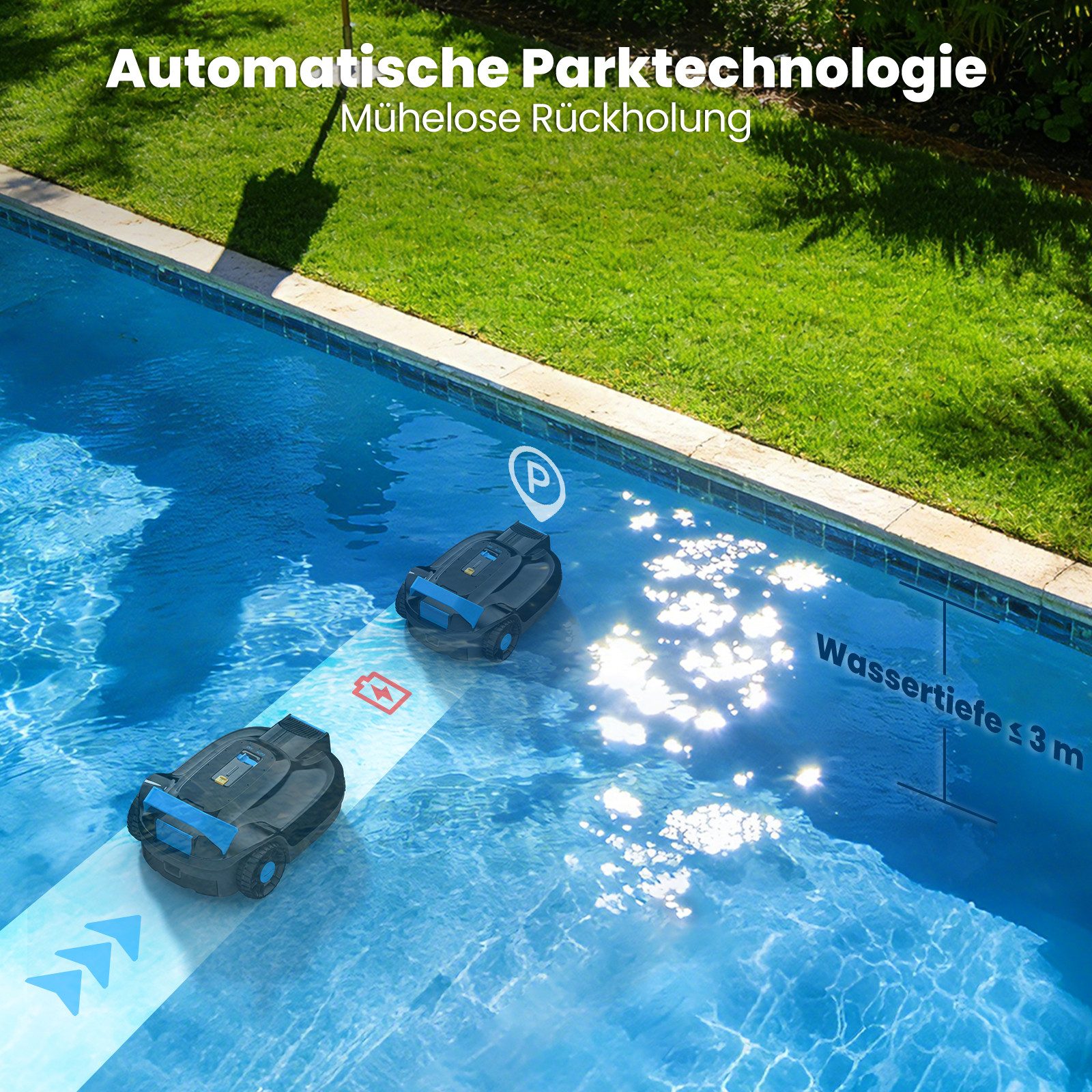 AIRROBO Poolroboter (2026Upgrade)kabelloser Poolroboter starker automatischer Poolreiniger, (Geeignet für den Boden von Schwimmbecken, Geeignet für Aufstell- und eingelasseneSchwimmbecken), 120 Min. Laufzeit, Dual-Bürsten, Zwei Jahre Garantie