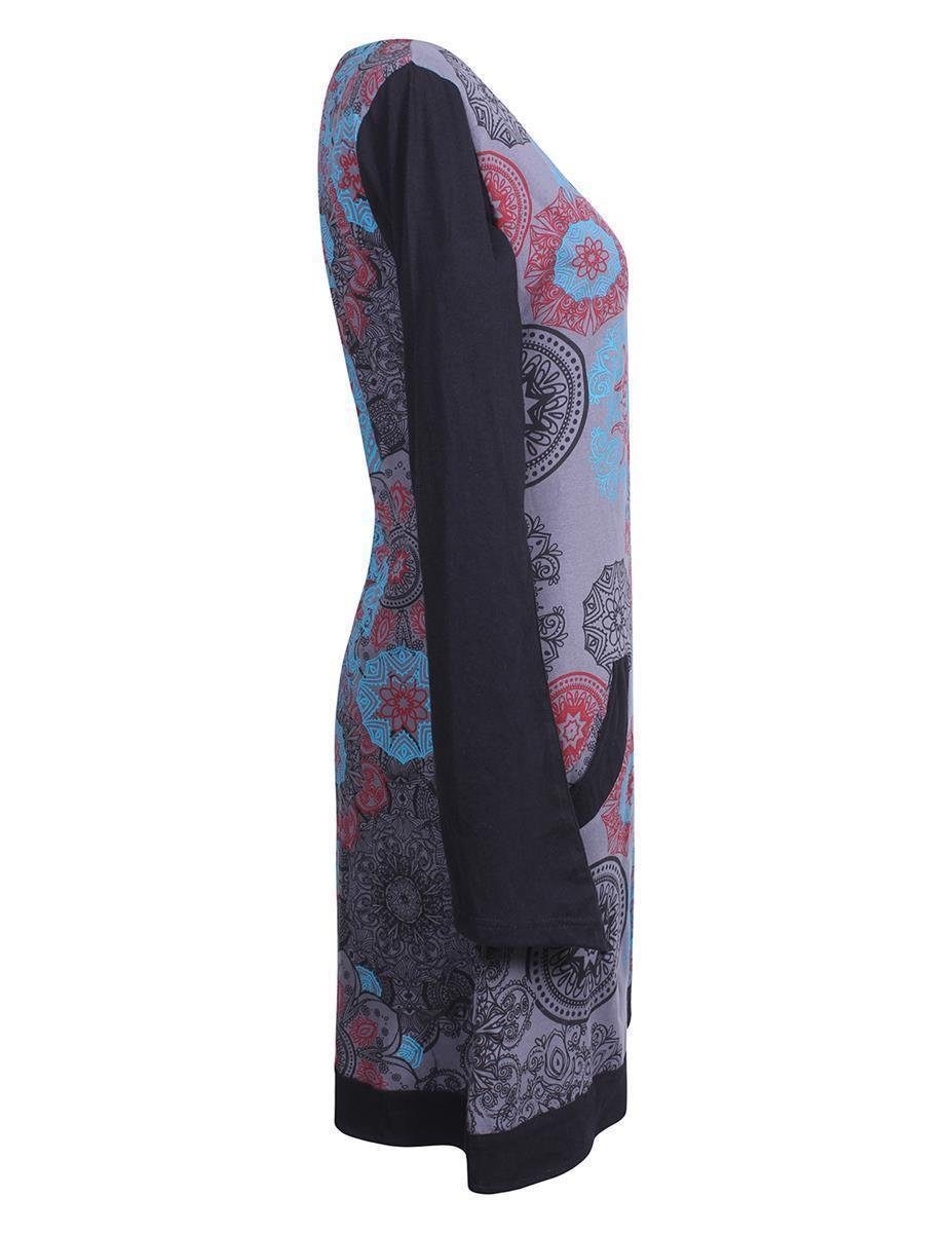 Kleid Jerseykleid Lagen-Look Long Mandalas V-Ausschnitt Hippie-Kleid grau Shirt, Vishes Langarm