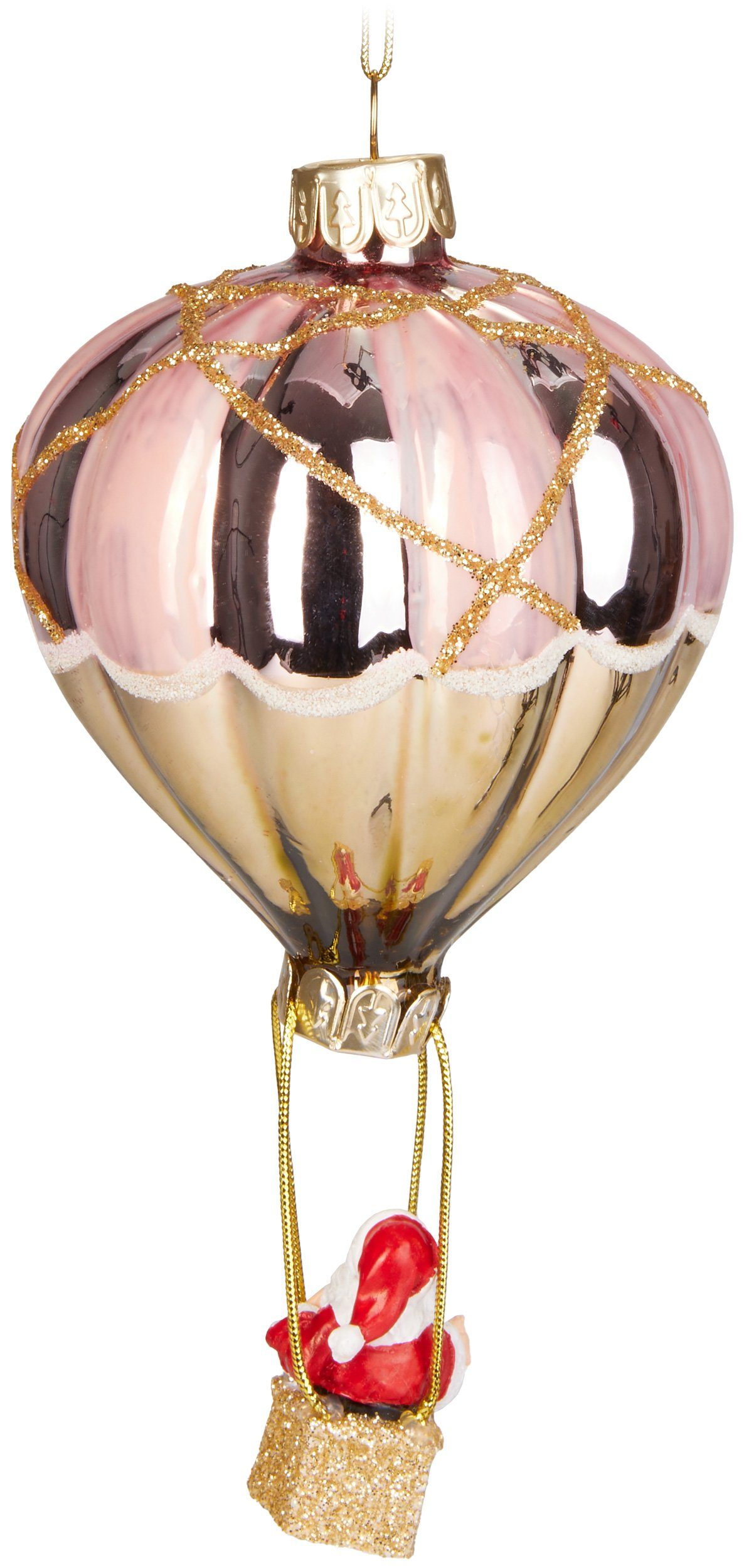 BRUBAKER Christbaumschmuck Weihnachtsmann im Heißluftballon Rosa Gold (1-tlg), Baumkugel aus Glas - Christbaumschmuck Figuren Anhänger Lustig 14 cm