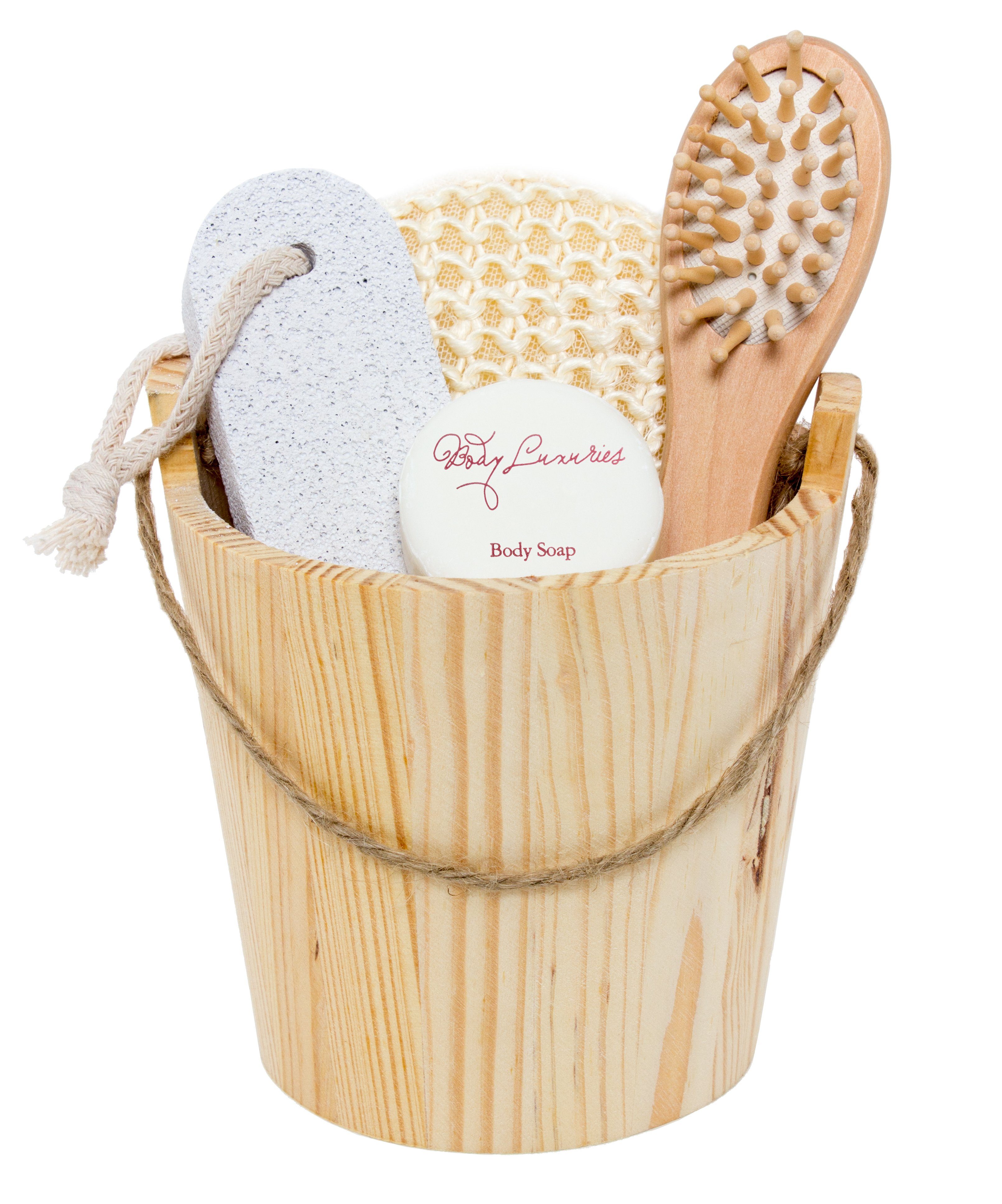 BRUBAKER Hautreinigungs-Set Geschenkset im Holzeimer, 5-tlg., Holzkübel Wellness Set mit Peelingschwamm, Haarbürste, Bimsstein Seife
