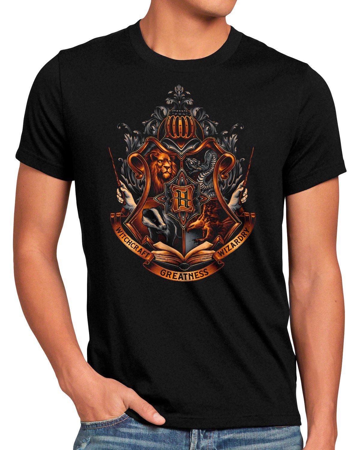 Wizardry harry hogwarts Greatness legacy hufflepuff ravenclaw style3 potter T-Shirt gryffindor Herren Print-Shirt Witchcraft slytherin