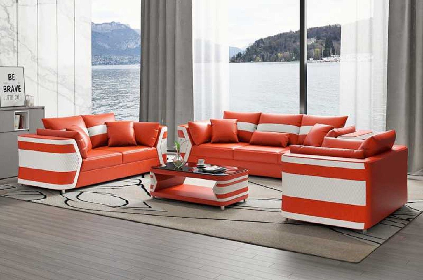in Nur + Europe Wohnzimmer-Set Orange Ledersofa Made Sitzer JVmoebel Sofa 2+3 Sofa 3tlg Sofas (3-St., Sofagarnitur Couchgarnitur Sessel), Set, Komplette
