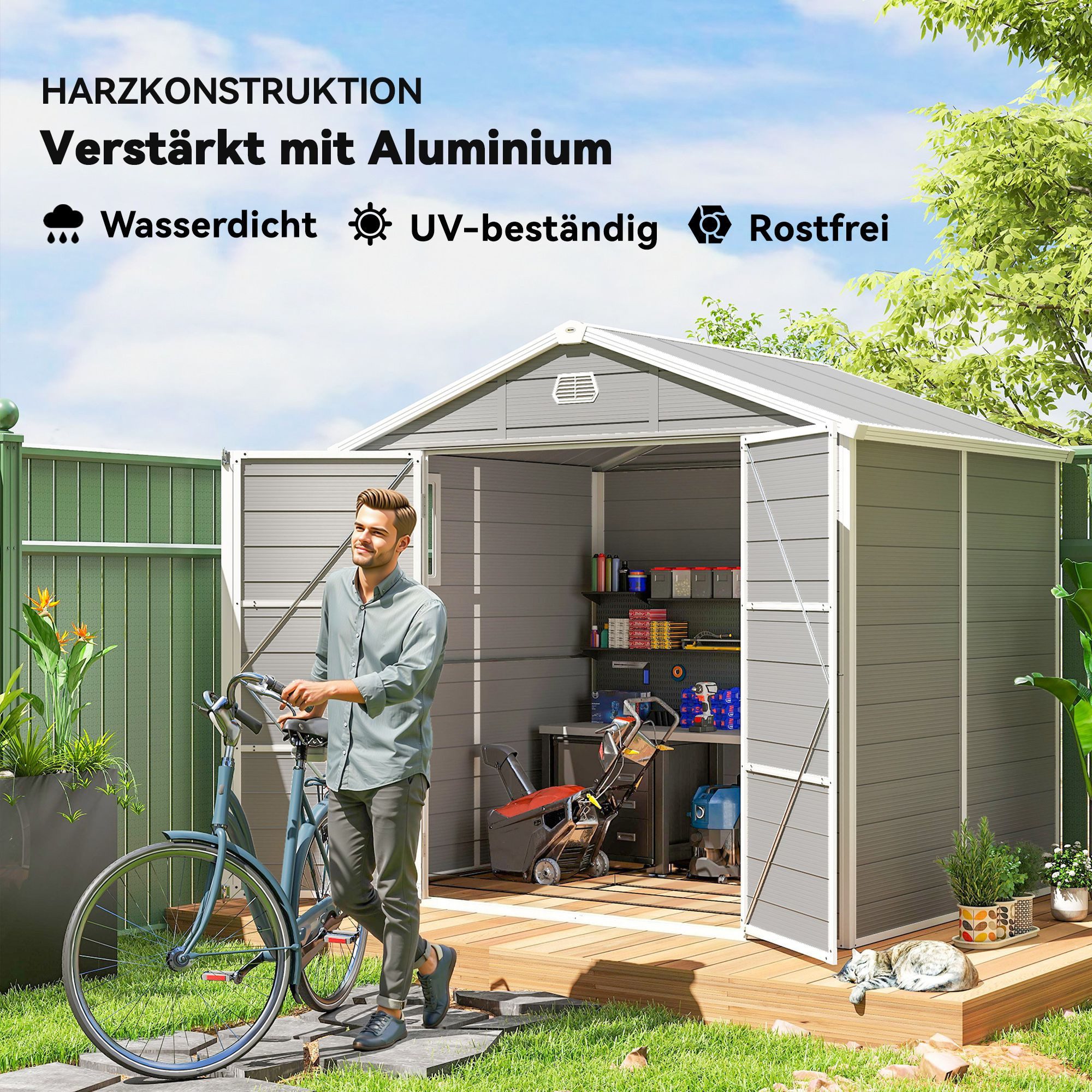 Outsunny Gerätehaus Geräteschuppen mit Satteldach, Abschließbar Tür, Gartenhaus, BxT: 240x190 cm, (4,1m², Geräteschuppen, 3 St., Kunststoff Geräteschuppen), für – Bild 4 von 5