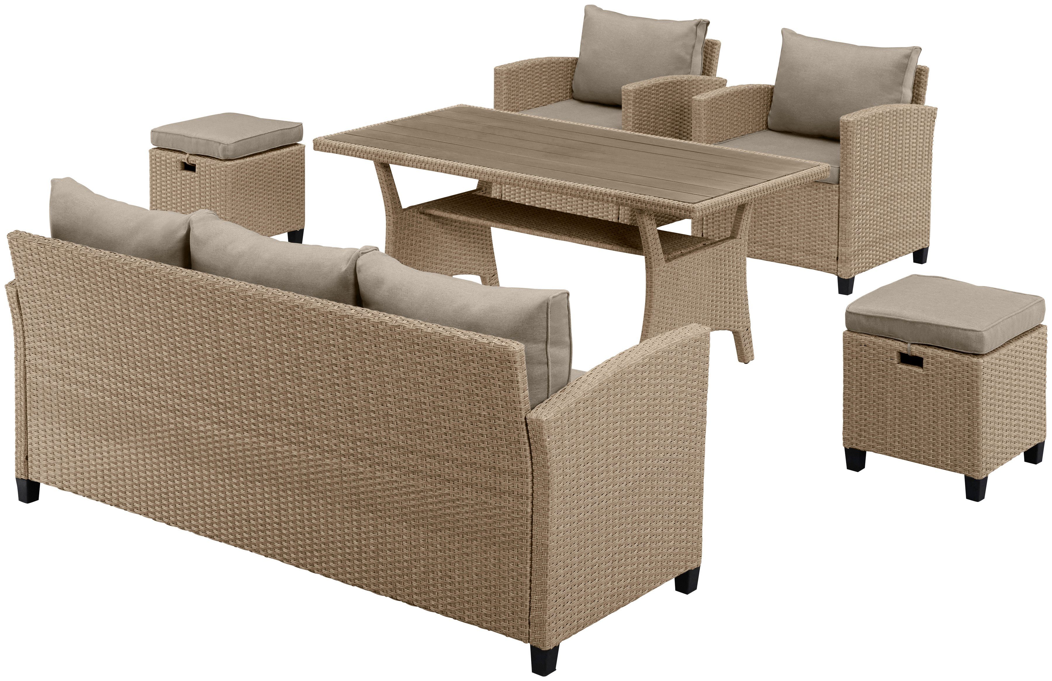 KONIFERA Gartenlounge-Set Amsterdam, (Set, 16-tlg., 1x 3er Sofa, 1x 2 Sessel, 2x Hocker, 1xTisch 144,5x74x67cm,Polyrattan), Stahl, Ablagefläche unter dem Tisch, Loungeset