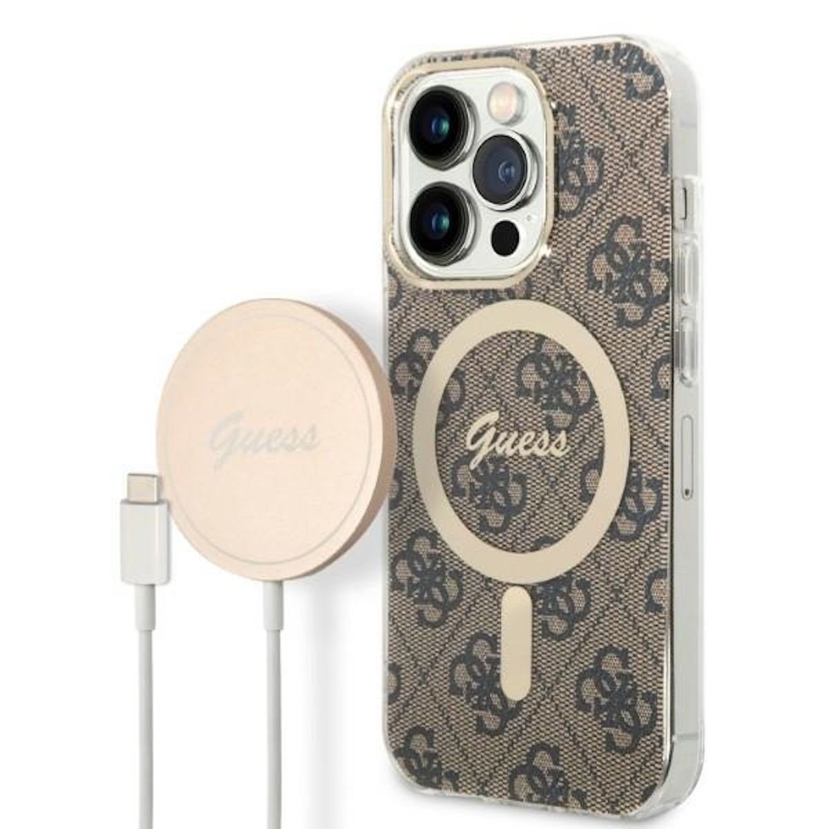 Guess Handyhülle GUESS Schutzhülle für Apple iPhone 14 Pro Max Hard Case 4G Print MagSafe Cover Etui Braun