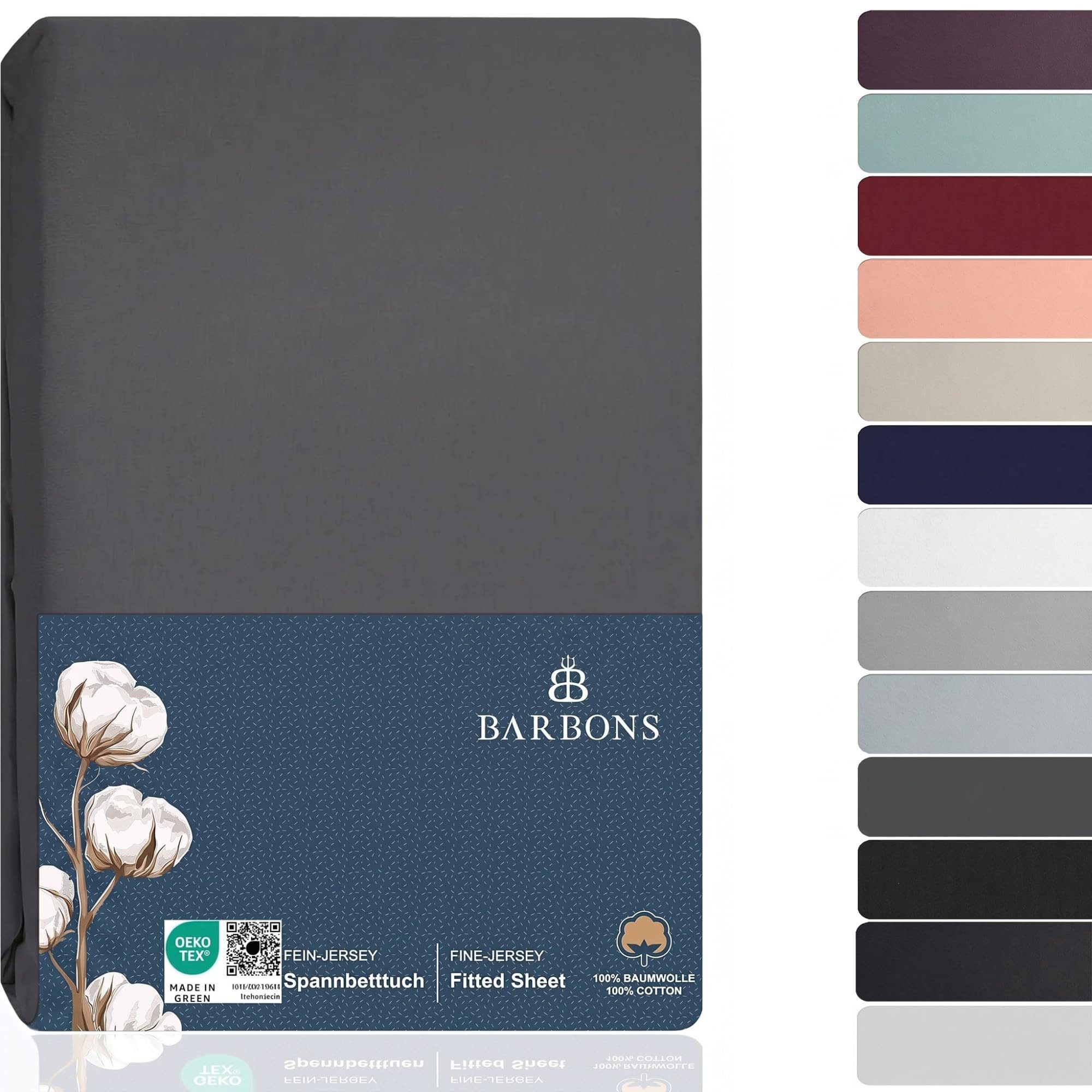 BARBONS Spannbettlaken Jersey Bettlaken, 145 g/m² Spannbetttuch, bis zu 25cm Höhe, Topper, Jersey aus 100% Baumwolle, Gummizug: rundum, (1 Stück), Rundumgummi, Atmungsaktiv