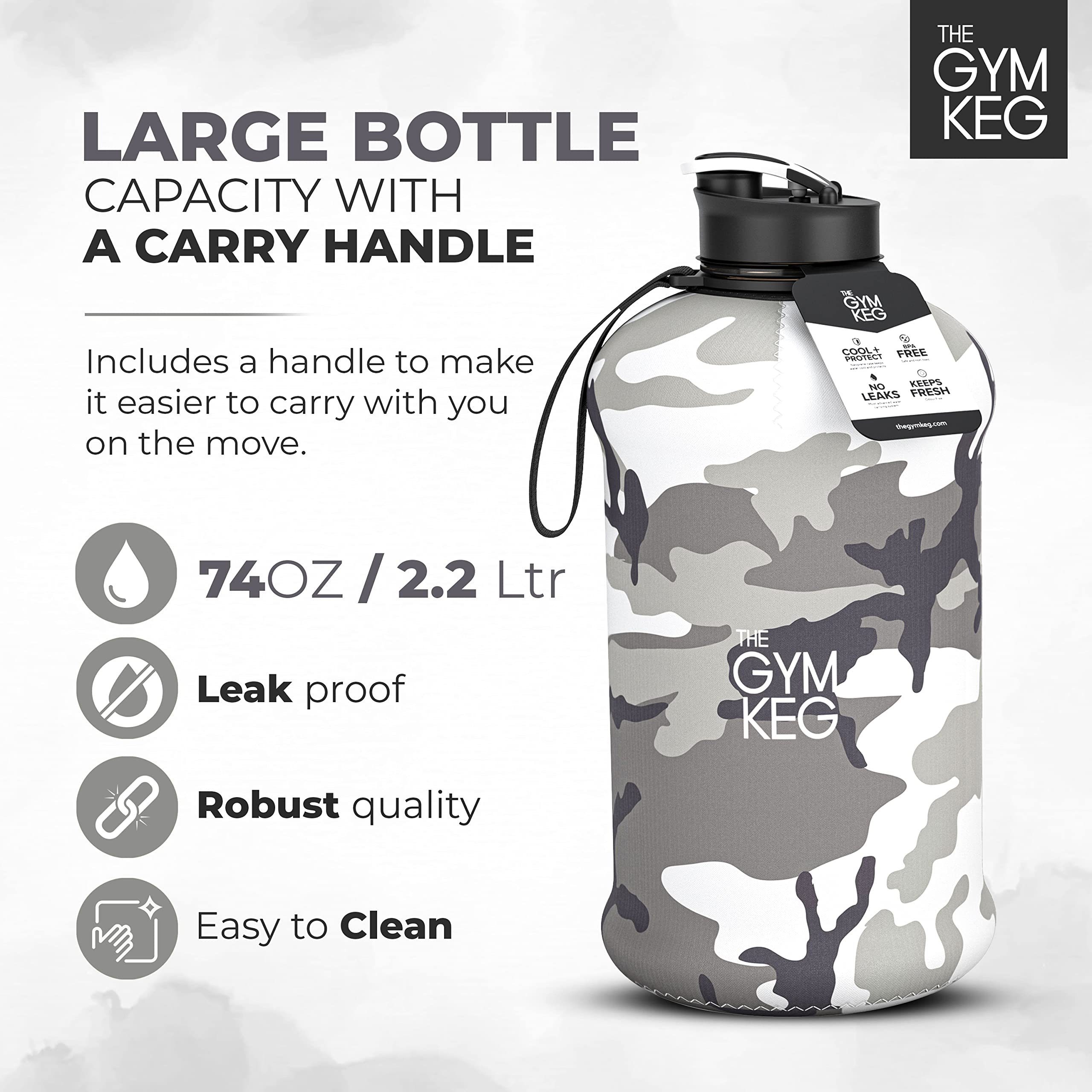 2.2 The Trinkflasche Keg mit 2.2L Gym Urban Liter Wiederverwendbar, Neoprene Gym Griff, Camo Trinkflasche Sleeve und