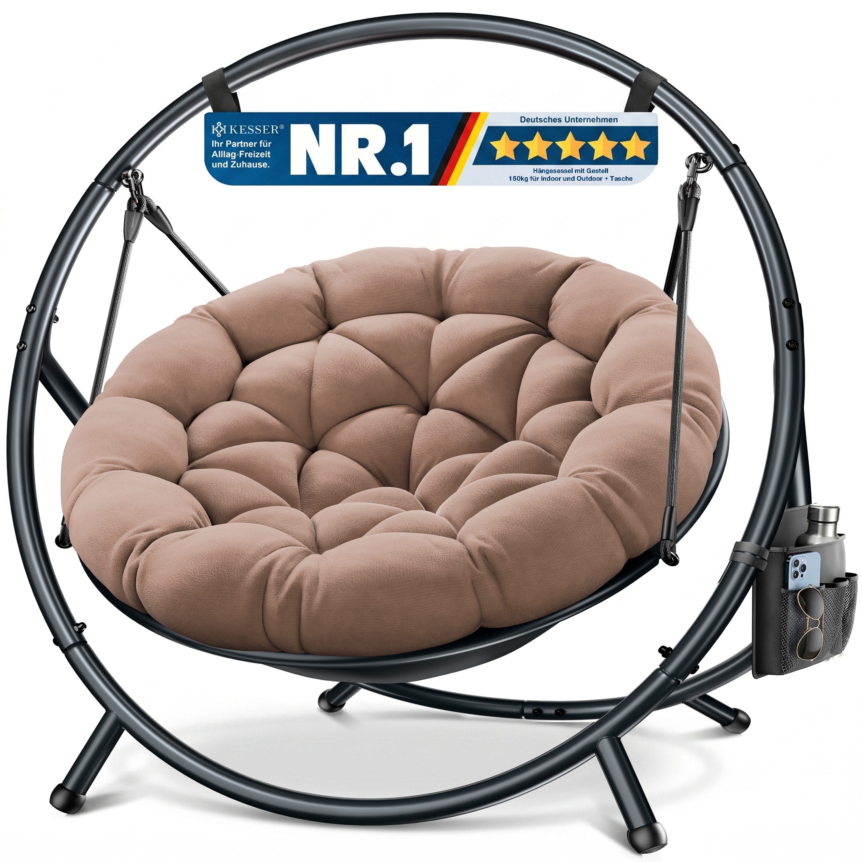 KESSER Hängesessel Bali Hängesessel mit Gestell Hängeschaukel Hängestuhl bis 150kg (mit Wipp Funktion, Kissen & Seitentasche), Hängekorb Stahlgestell Schaumstoff Sitzpolster für Wohnzimmer & Garten
