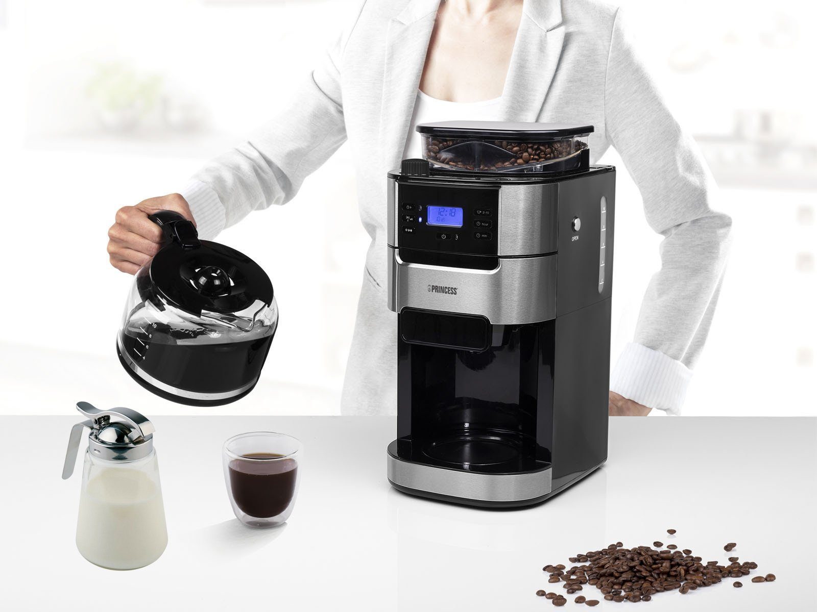 Tassen Filterkaffeemaschine, PRINCESS Mahlwerk, für Bohnen & 10 Timer Wassertank abnehmbaren mit