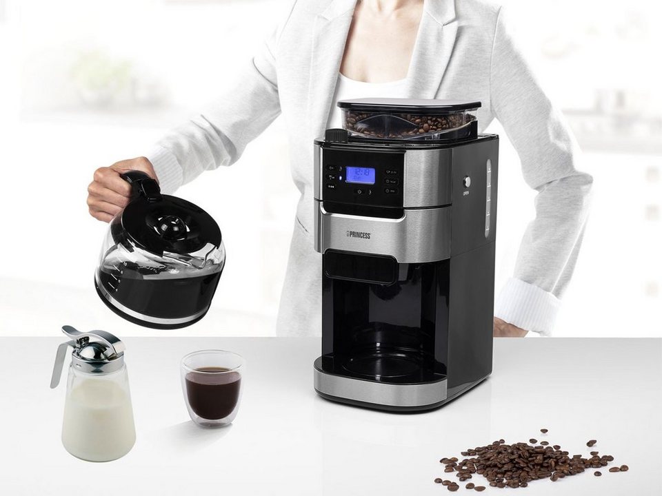 PRINCESS Filterkaffeemaschine, für 10 Tassen mit Bohnen Mahlwerk, Timer &  abnehmbaren Wassertank