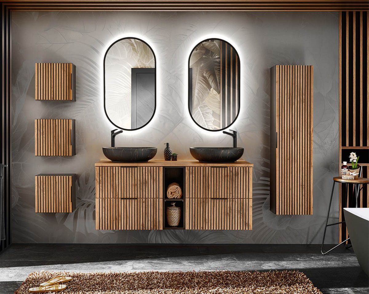 einfachgutemoebel Waschtisch-Set Bad Set 7-teilig TRIBUNE 140cm, Becken black, Schwarz - Wotan-Eiche, (Badmöbel Set, 1-St., Waschtisch SET 7-teilig)