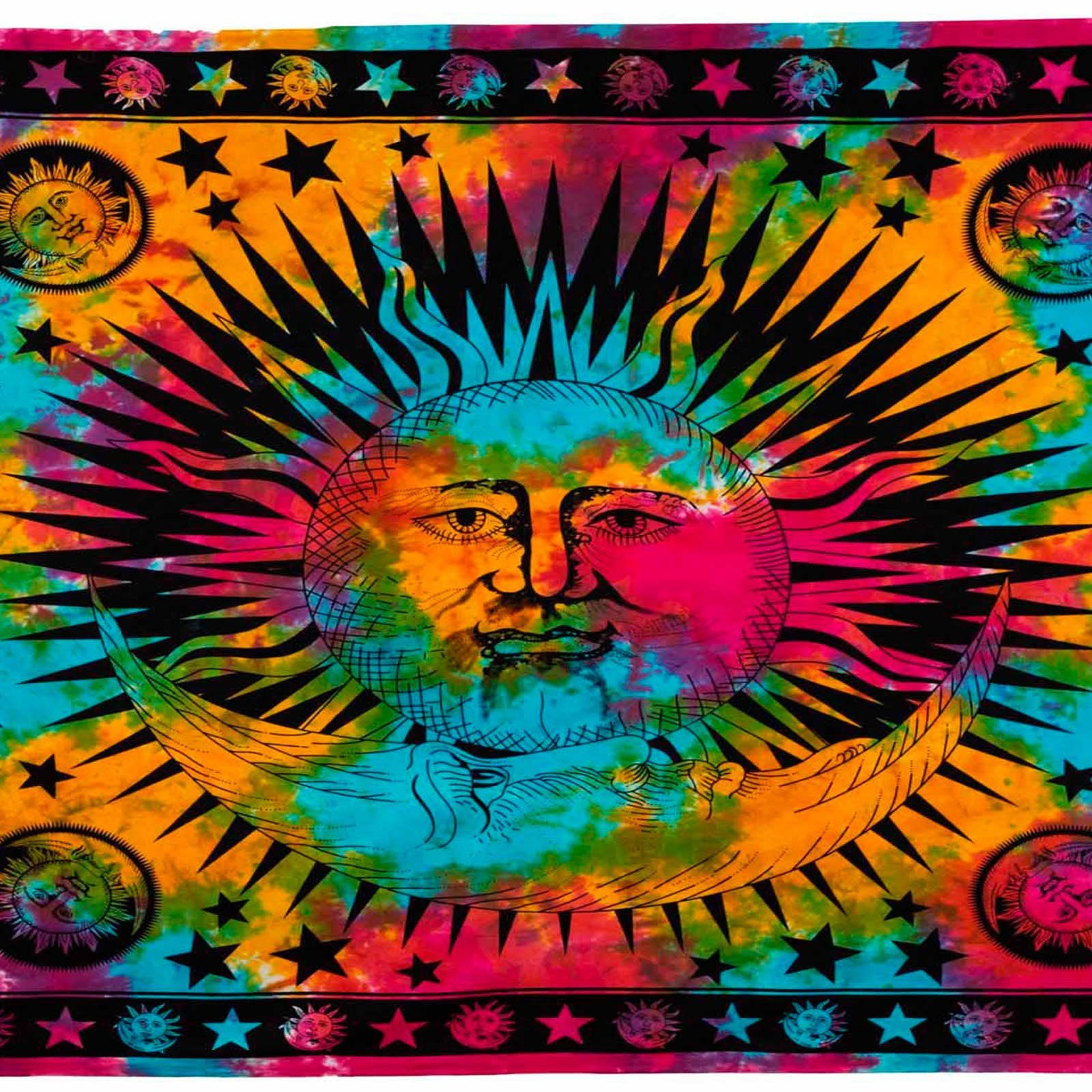 KUNST UND MAGIE Wandteppich Tagesdecke Wandbehang Bunt Sonne Mond und Sterne Hippie ca.200 x 140cm