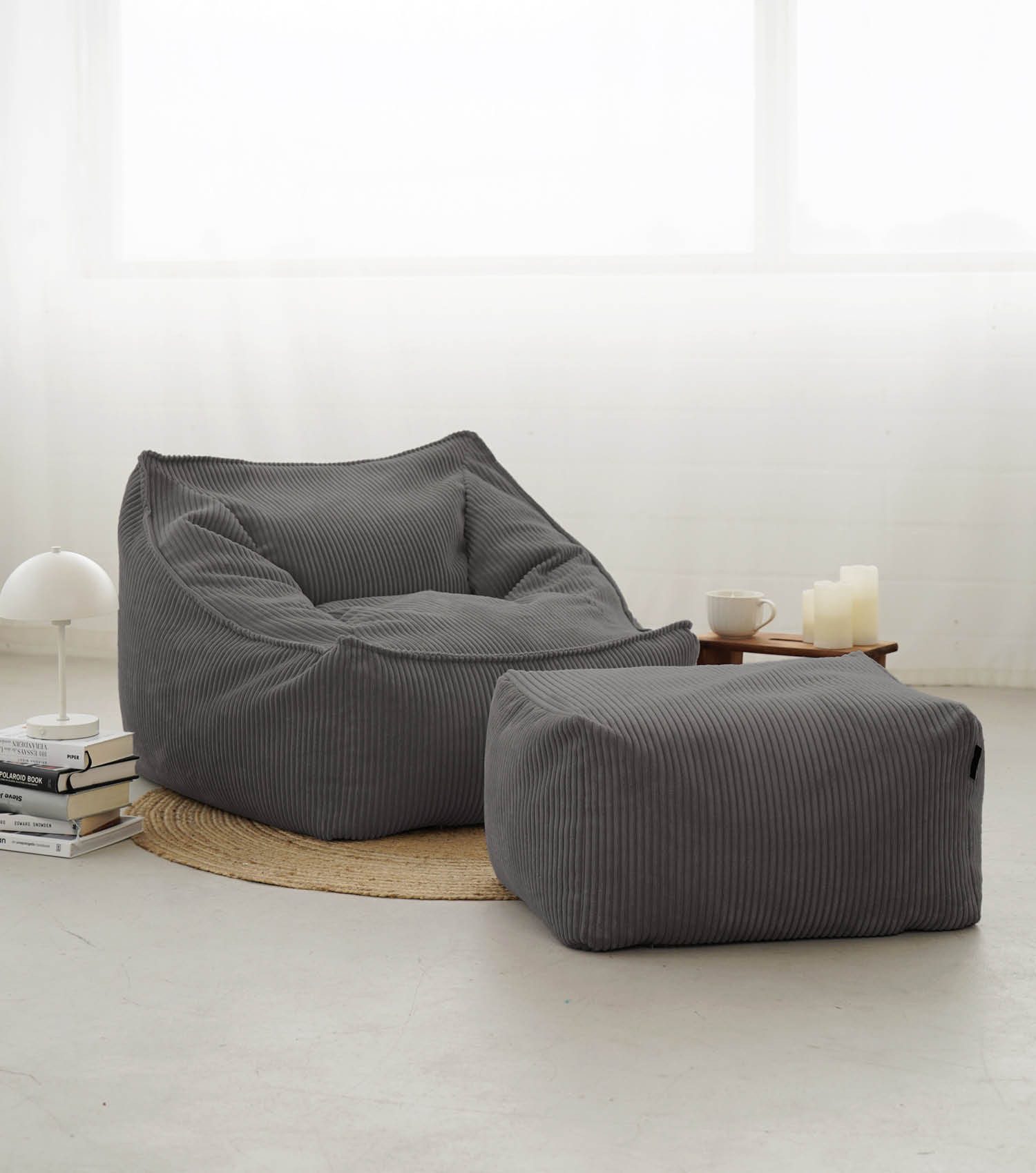 mokebo Sitzsack Der Lümmel (aus Cordstoff), Made in Germany, Cordsessel mit Hocker, Armlehnensessel in Anthrazit