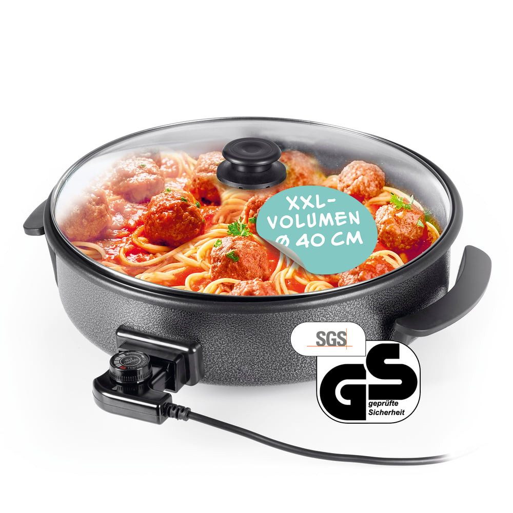 GOURMETmaxx Elektrische Pfanne mit Deckel 1500W schwarz 40cm, 1500 W, für besonders leckere frische Pizza wie aus dem Ofen
