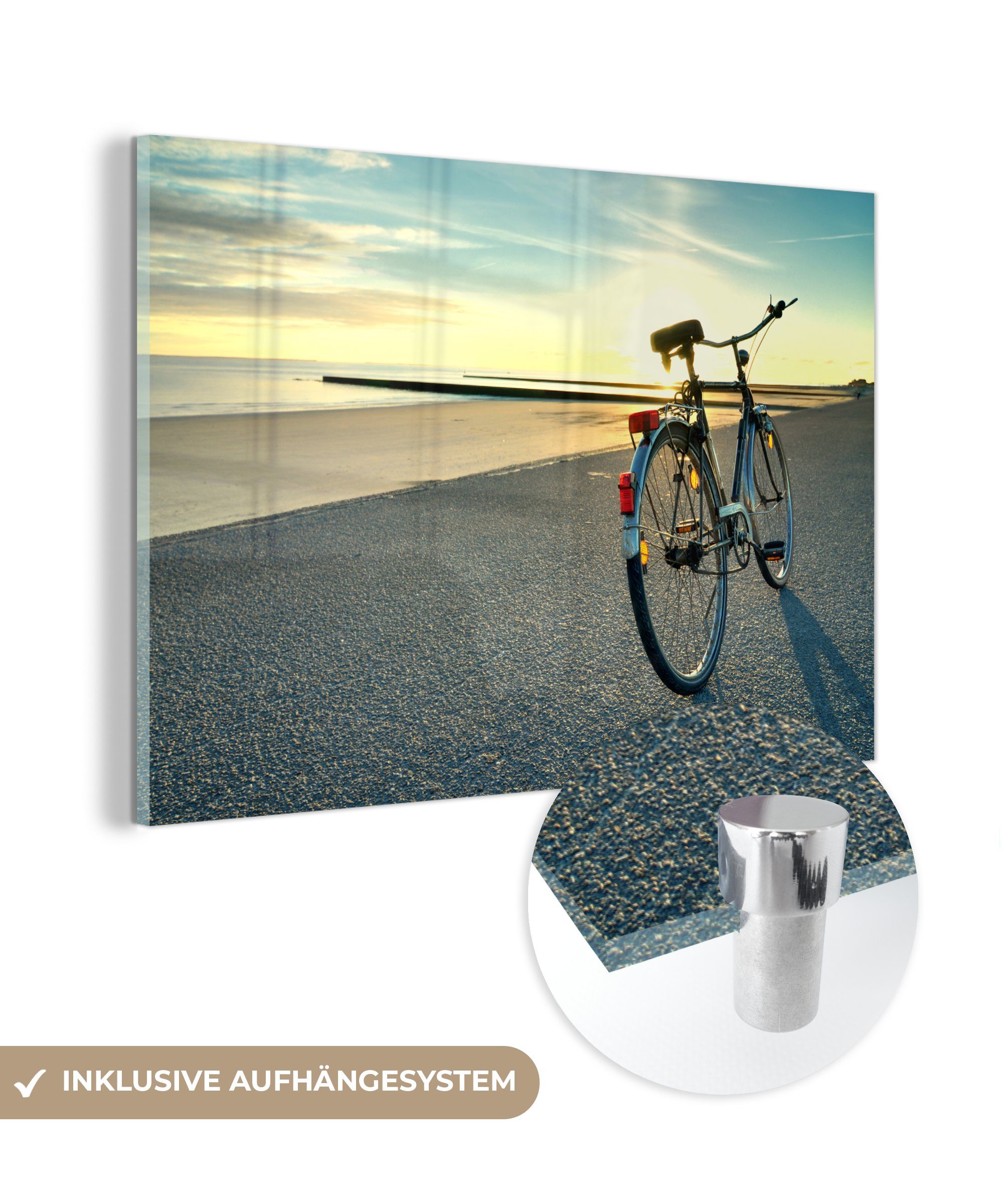 MuchoWow Acrylglasbild Nordsee - Fahrrad - Sonnenuntergang, (1 St), Glasbilder - Bilder auf Glas Wandbild - Foto auf Glas - Wanddekoration