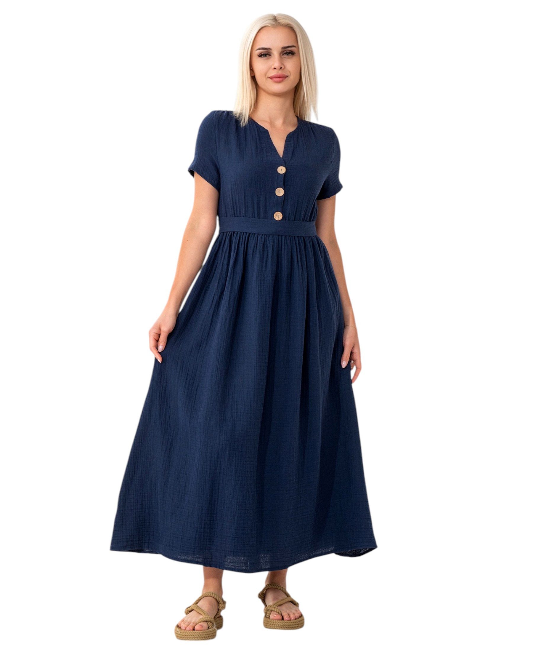 WENOR Sommerkleid Musselin Boho Kleid mit Knopfleiste & Taillenband, Freize günstig online kaufen