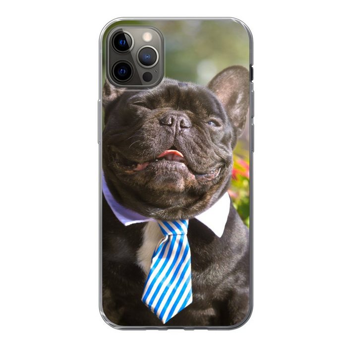 MuchoWow Handyhülle Französische Bulldogge - Krawatte - Blau Handyhülle Apple iPhone 12 Pro Max Smartphone-Bumper Print Handy