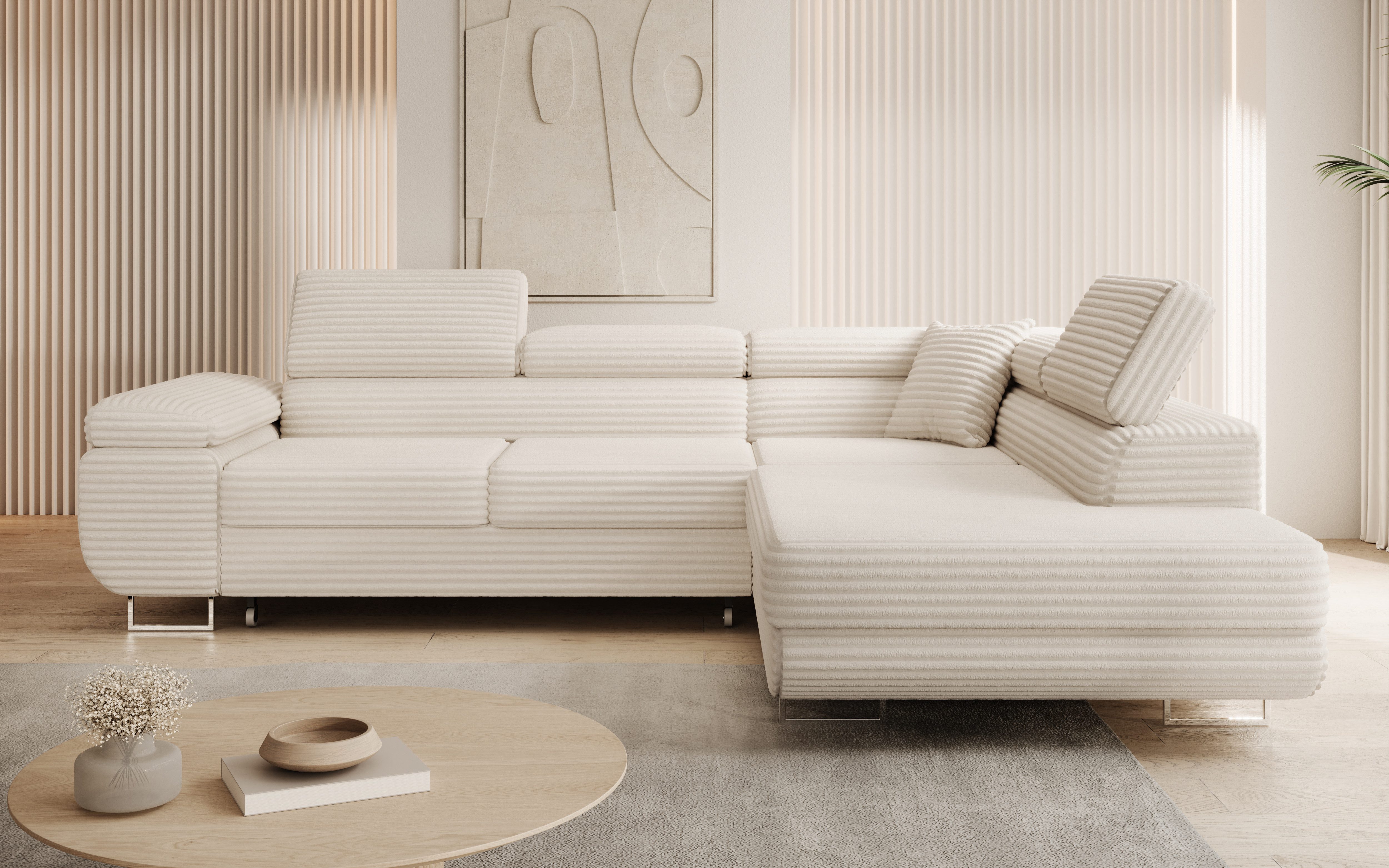 thematys Ecksofa ASTON mit Schlaffunktion & Bettkasten – Cordstoff TILIA, - mit 3 verstellbaren Kopfstützen, – L-Form 273×203 cm – Schlafsofa mit Auszug