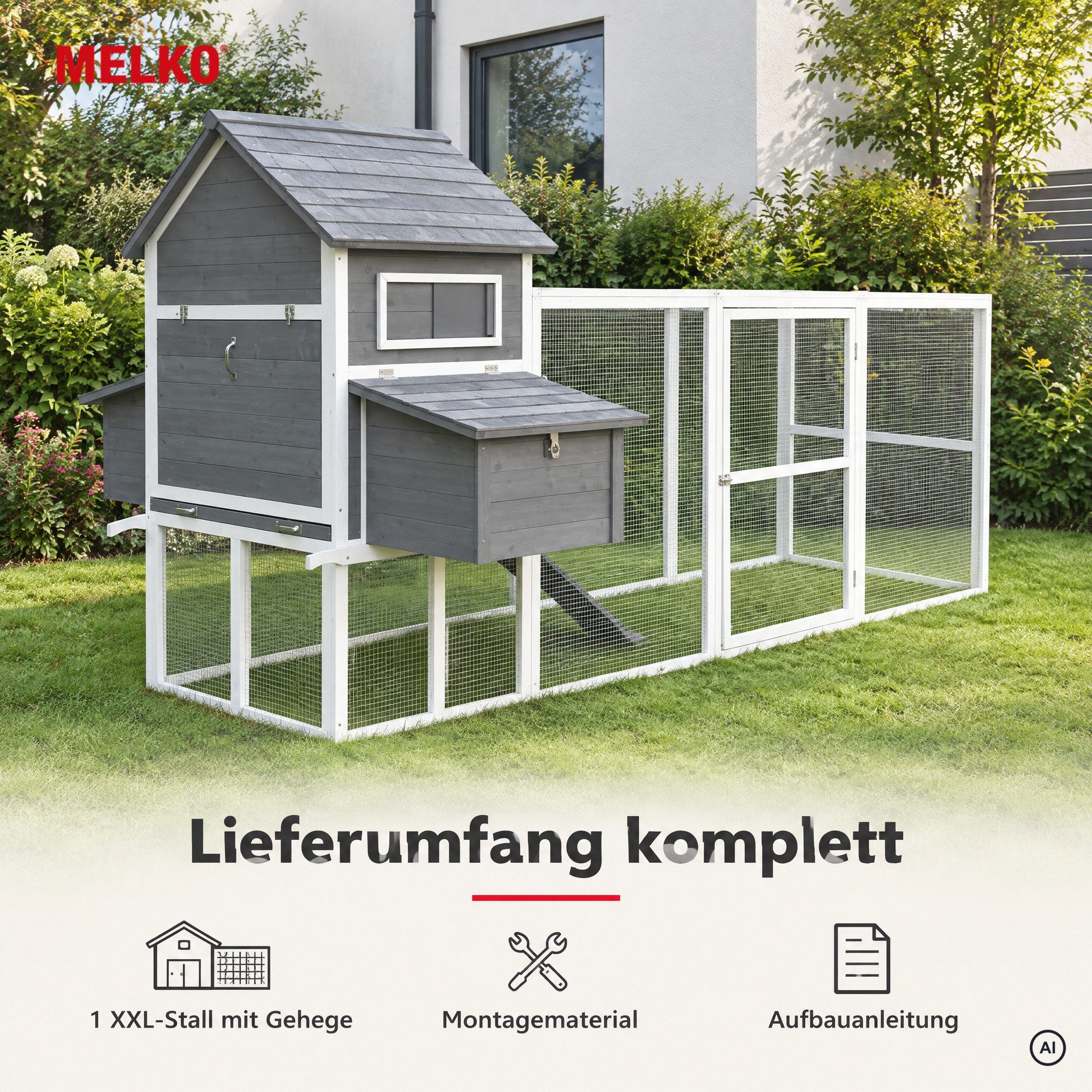 Melko Hühnerstall Geflügelstall Hühnervoliere Hühnerhaus Hühner Freilaufgehege, 2 Nestboxen mit insgesamt 4 Legenestern, XXL Freilaufgehege – Bild 4 von 5