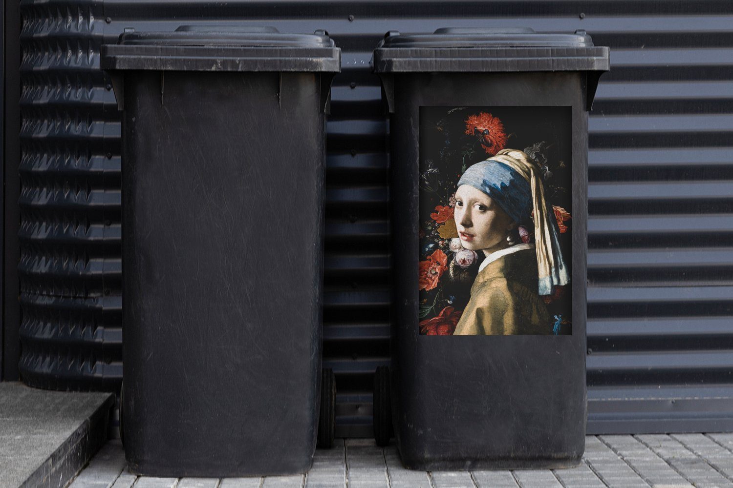 Container, - MuchoWow Wandsticker mit Sticker, - - Mülleimer-aufkleber, Vermeer Mülltonne, Blumen (1 St), Perlenohrring Johannes Rot Abfalbehälter Mädchen