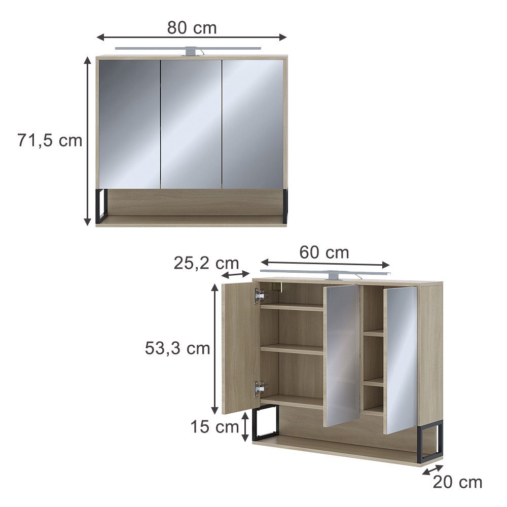 Vicco Badezimmerspiegelschrank Vionna, Eiche/Schwarz, 80 x 71.5 cm mit LED- günstig online kaufen