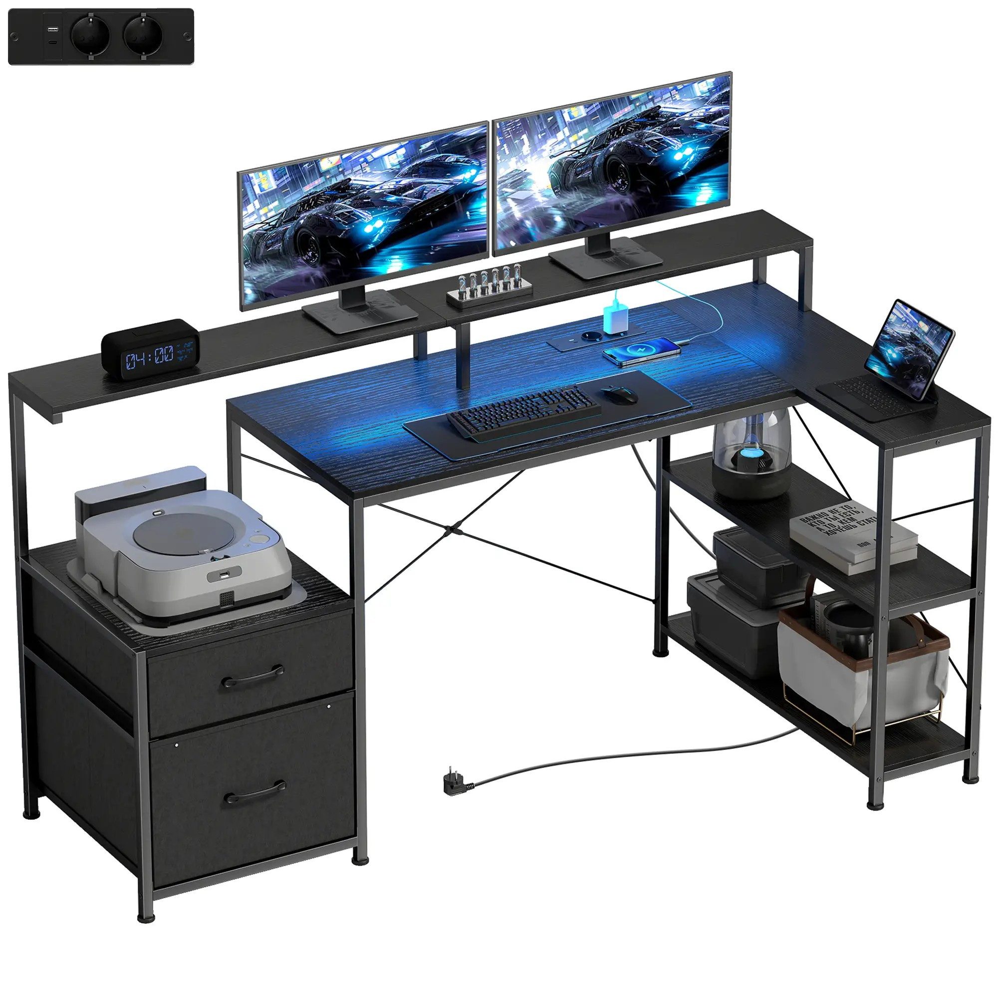 BlingBin Gamingtisch Computertisch L-förmiger Schreibtisch mit LED & Steckdosen (1er Set, 1-St., 165x80x91,5 cm), mit Doppelmonitorständer, 2 Schublade, Ablagefächer, für Gaming