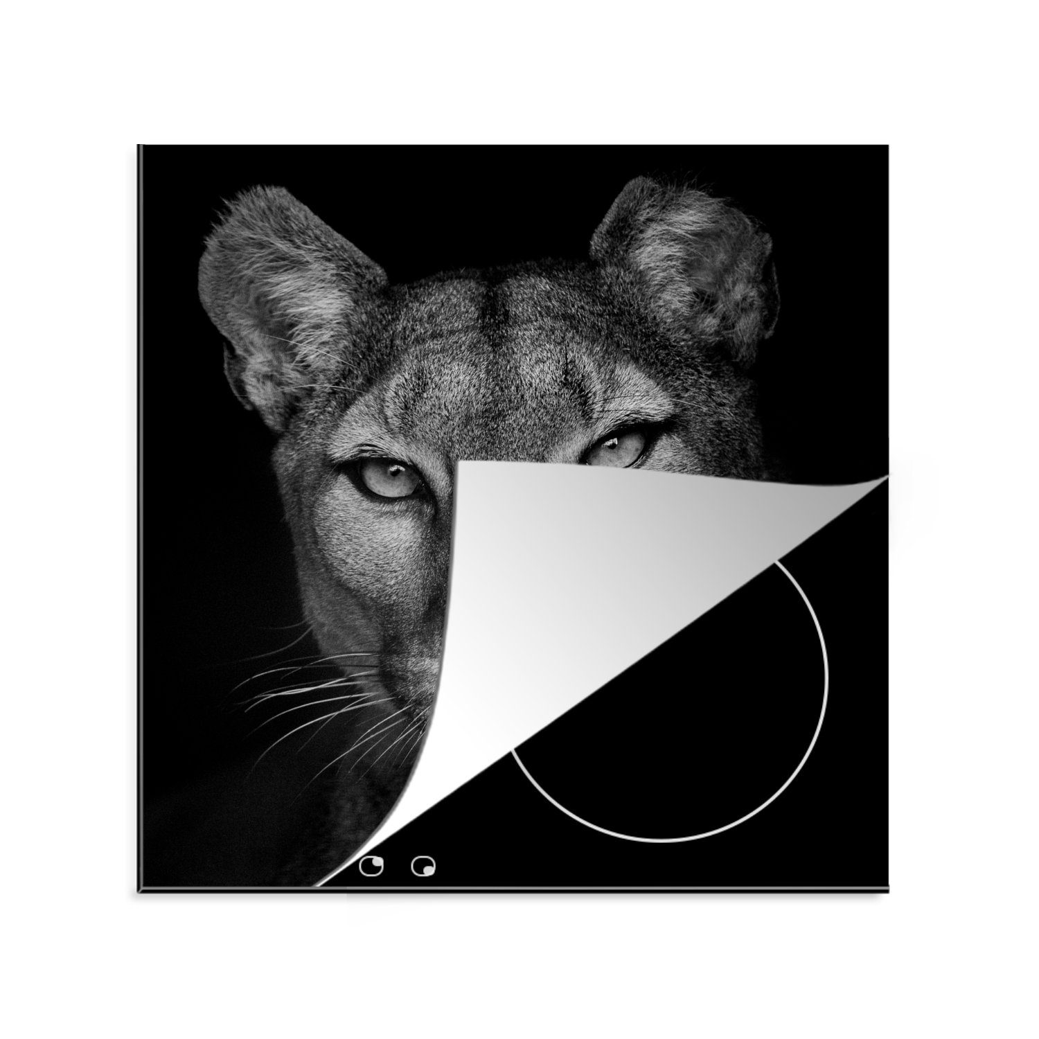 MuchoWow Herdblende-/Abdeckplatte Tierprofil Puma in schwarz und weiß, Vinyl, (1 tlg), 78x78 cm, Ceranfeldabdeckung, Arbeitsplatte für küche | Herdabdeckplatten