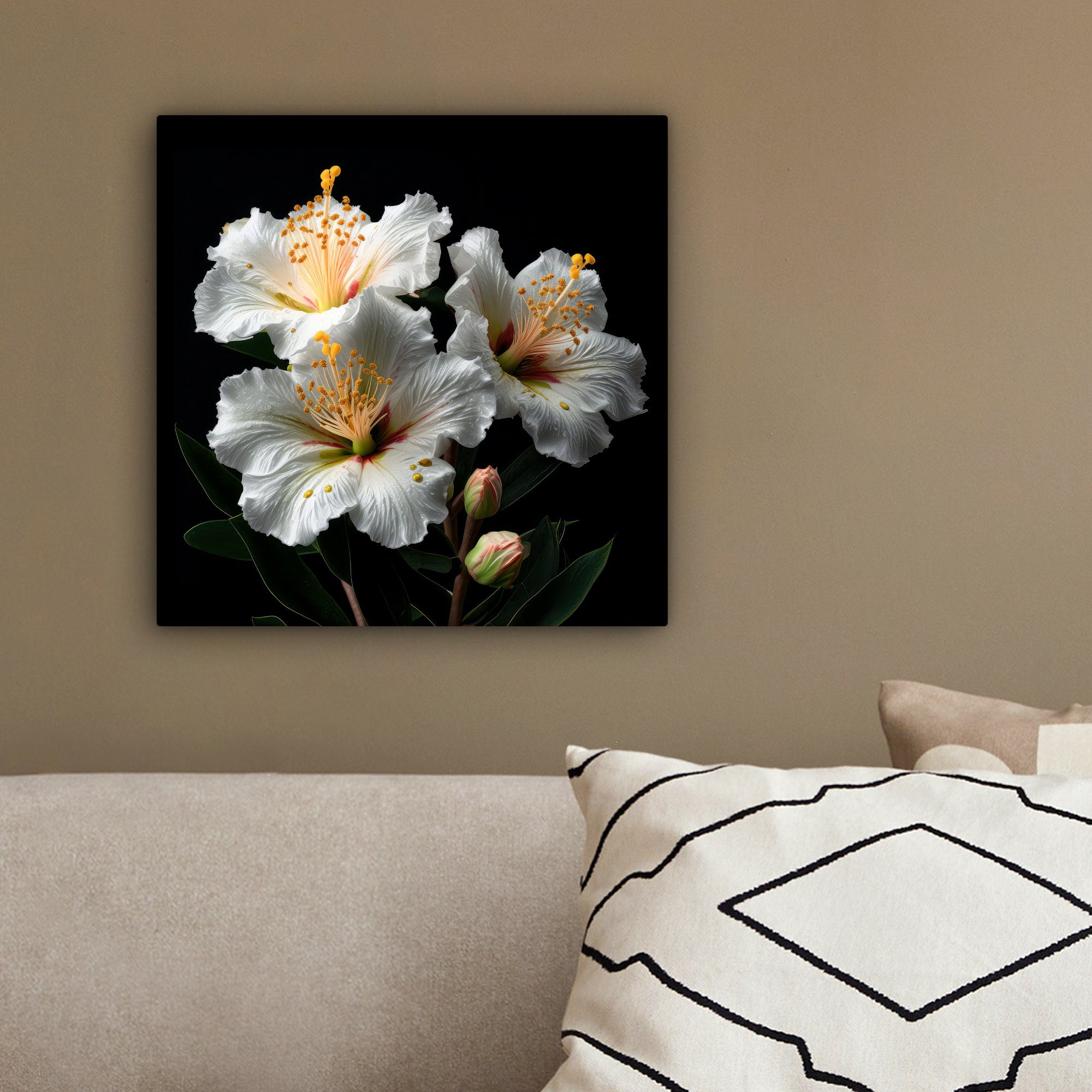 Leinwand Leinwandbild (1 für Hibiskus - Bilder St), Natur - Blumen cm - Weiß 20x20 Schlafzimmer, Wohnzimmer Schwarz, - OneMillionCanvasses®